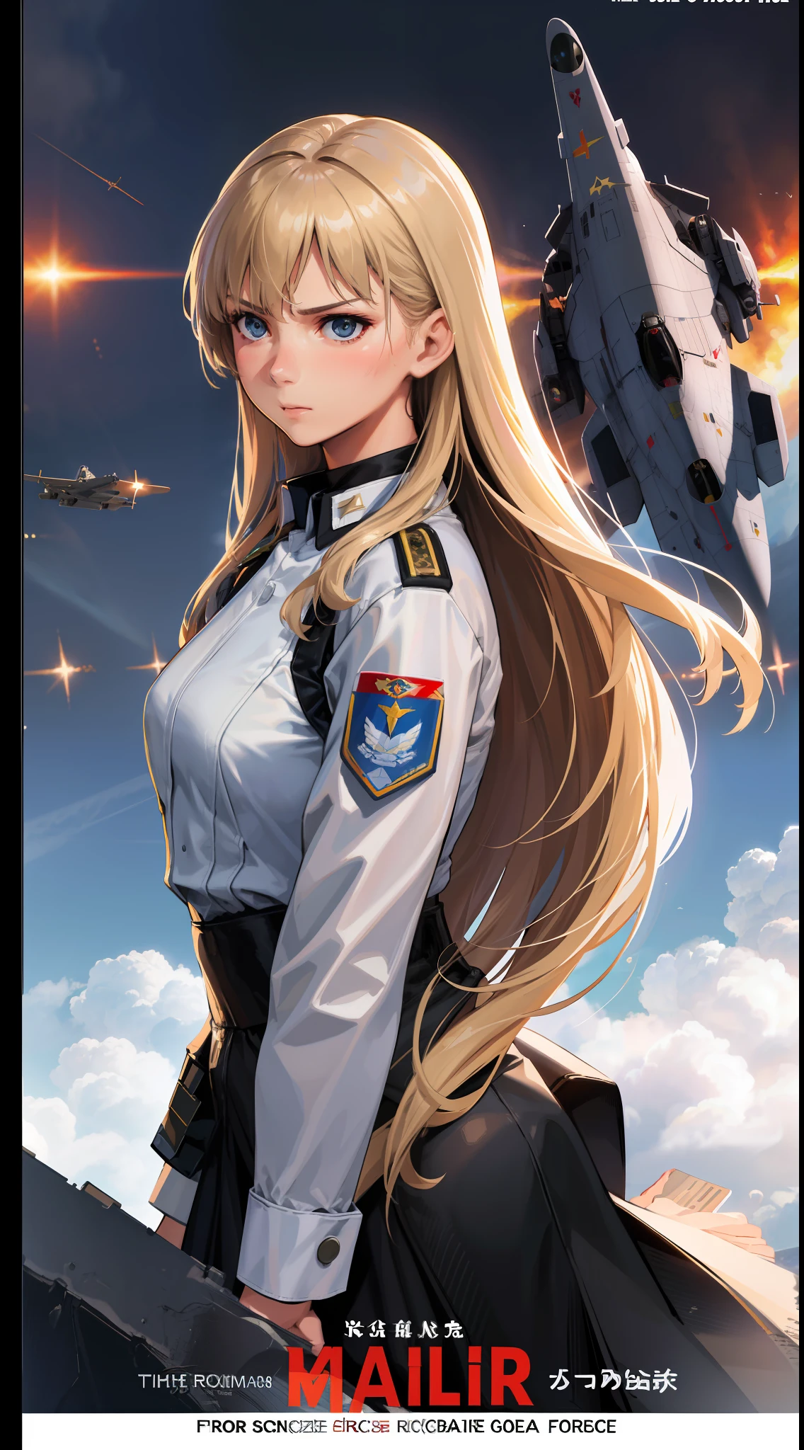 Realistic,Polite Dress,(Fighter Plane Action War Movie Poster),(Foundation Movie Reference: 1.8),Realistic,Air Force General Uniform,(Realistic Face Resolution),Cinematic Poses,Adult,Skinny,Small,Long Hair Dark Blonde Woman 1 Person,Serious Face,Science Fiction,Sci-Fi,Different Supporting Characters