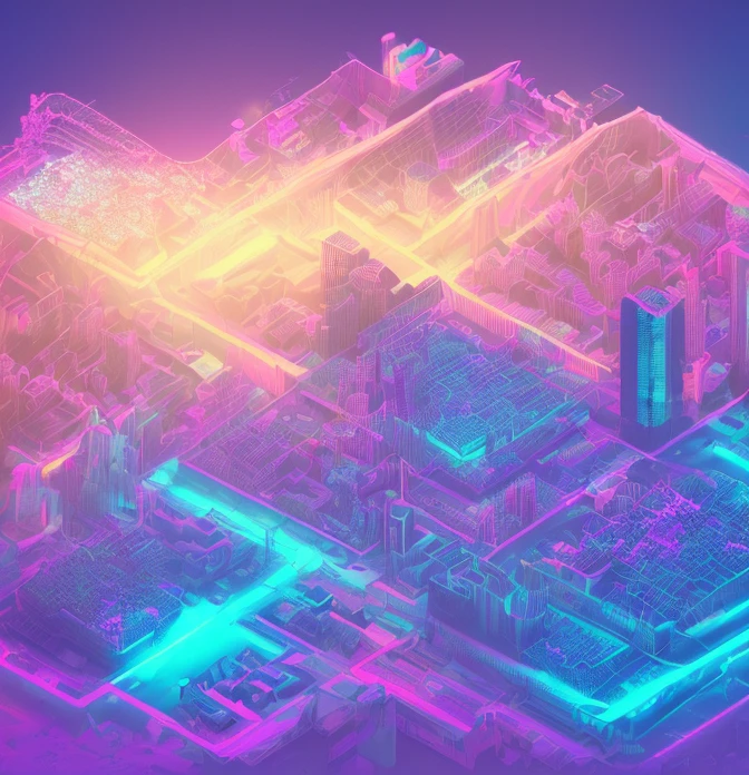 dskise, (isometric), (flower), (vapor wave), isometric cut of crystallized ruined city, cityscape, volumetric lighting, FXAA, chromatic aberration, concept art, 8k concept art, Greg Rutowski, (unreal engine), octane rendering, dskise obot in front