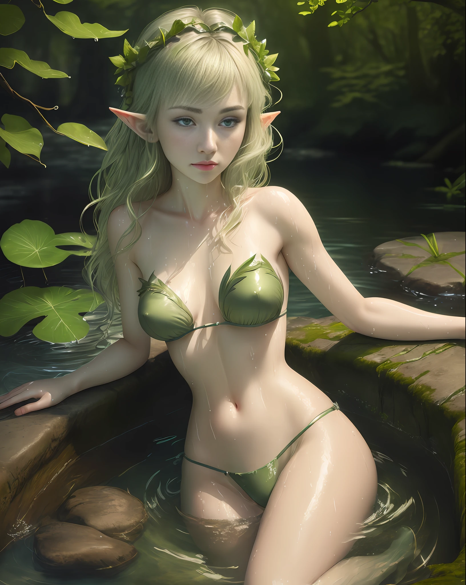 Imogen Poots, large pointed breasts, micro green leafy bikini, (8k, RAW photo, top quality, masterpiece: 1.2), (realistic, photorealistic: 1.37), wet body, thick legs, wet hair, wet face, wet clothing, beautiful, in water, diving, submerged, woods, night, rain, wet, professional lighting, photon mapping, strapless, strapless photo, radiosity, crown of branches, leaves, water,  natural pond, stones, physics-based rendering, beautiful, elf, high quality photo, high resolution, 1080p, (clear face), (detailed facial description), (detailed hand description), (masterpiece), (elaborate CG), extreme light and shadow, short and wet green hair, masterpiece, rich details, (fine facial features), (highest quality photo), (masterpiece), (detailed eye), look in front of your eyes,  face kissing