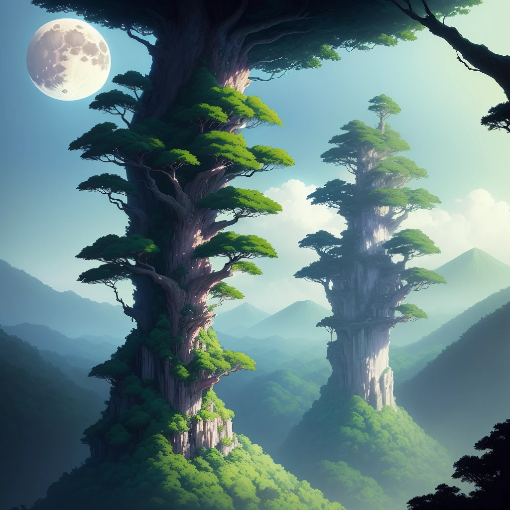 A painting of a tree on a hill with a full moon in the background, a detailed matte painting art style, anime aesthetic, beautiful rainforest background, illustration, concept art, anime, designed by Makoto Shinkai and Mamoru Hosada and Studio Ghibli