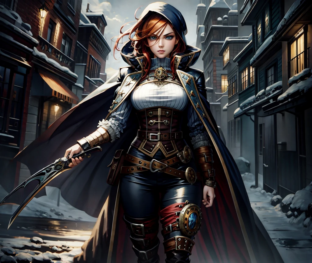 (Imaginary Digital Artwork:1.3) of (Masterpiece:1.3),Dark, snow, snowy, steampunk, (grainy:0.5), (natural lighting:0.5), AND [girl|(hooded steampunk cape:1.1)|shiny steampunk armor|(blue eyes:1.1)|(orange hair:1.2),messy|holding steampunk sword:1], AND,CGSociety,ArtStation,(steampunk Colors:0.65)