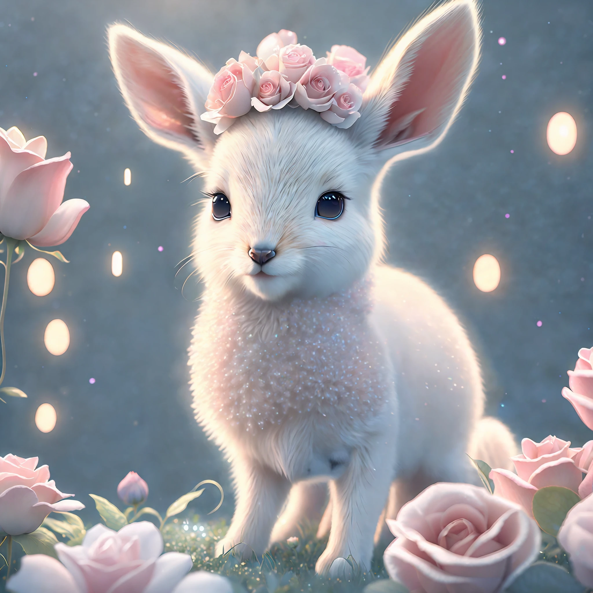 ultra-detailed CG art, adorable fawn surrounded by ethereal roses, pastels, glimmer bokeh, ethereal, best quality, highest resolution, intricate details, fantasy, cute animals