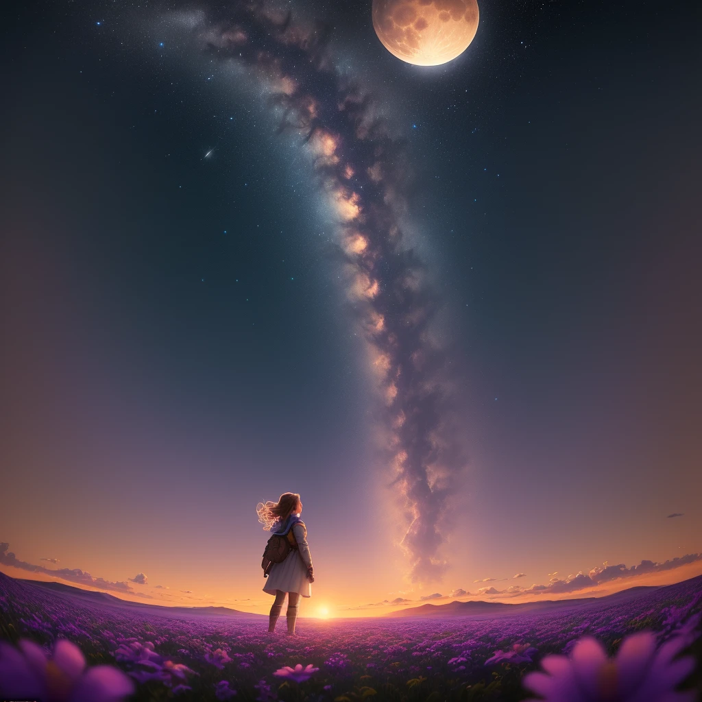 Vast landscape photos, (from below, sky above, open field below), a girl standing on a flower field looking up, (Full Moon: 1.5), (Meteor: 0.3), (Nebula: 1.0), distant mountains, Trees BREAK Making art, (Warm light source: 1.2), (Firefly: 1.9), lamps, lots of purple and orange, intricate details, volumetric lighting BREAK (Masterpiece: 1.2), (Best Quality), 4K, Ultra Detailed, (Dynamic Composition: 1.4), Detailed, Colorful, (Iridescent: 1.2), (Glow, Atmospheric Lighting), Dreamy, Fantastic, (Solo: 1.3)
