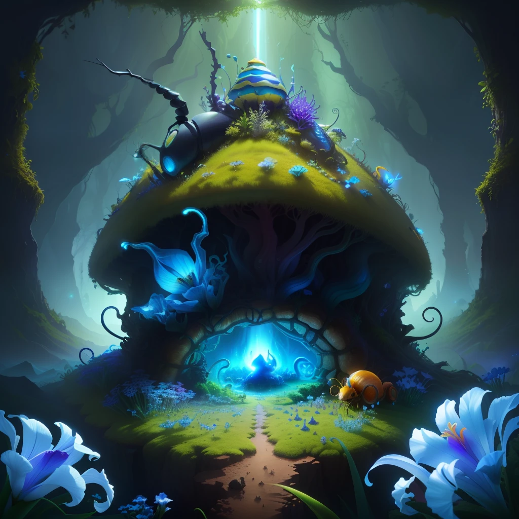 a psychedelic ant hill housing a snail with very long blue horns yellow moss, tamised light, delicate iris, translucid vapor, fantasy, hd, HDR 4k