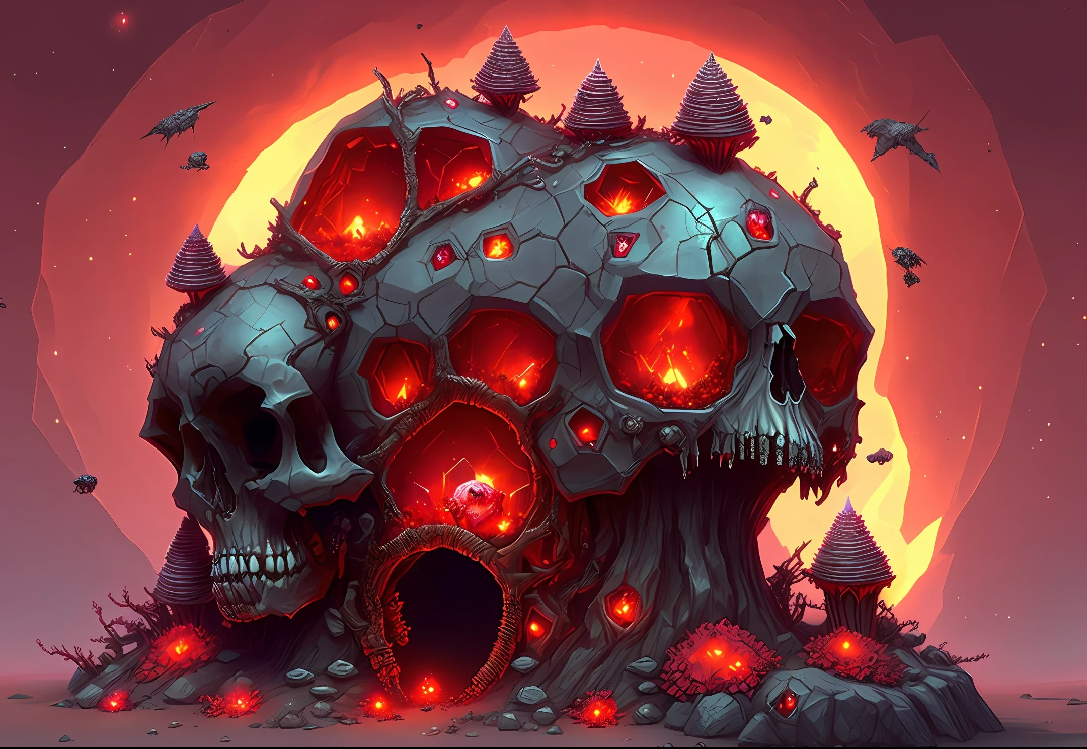 /imagine prompt: red crystal anthill housing a glowing skull, fantasy,art