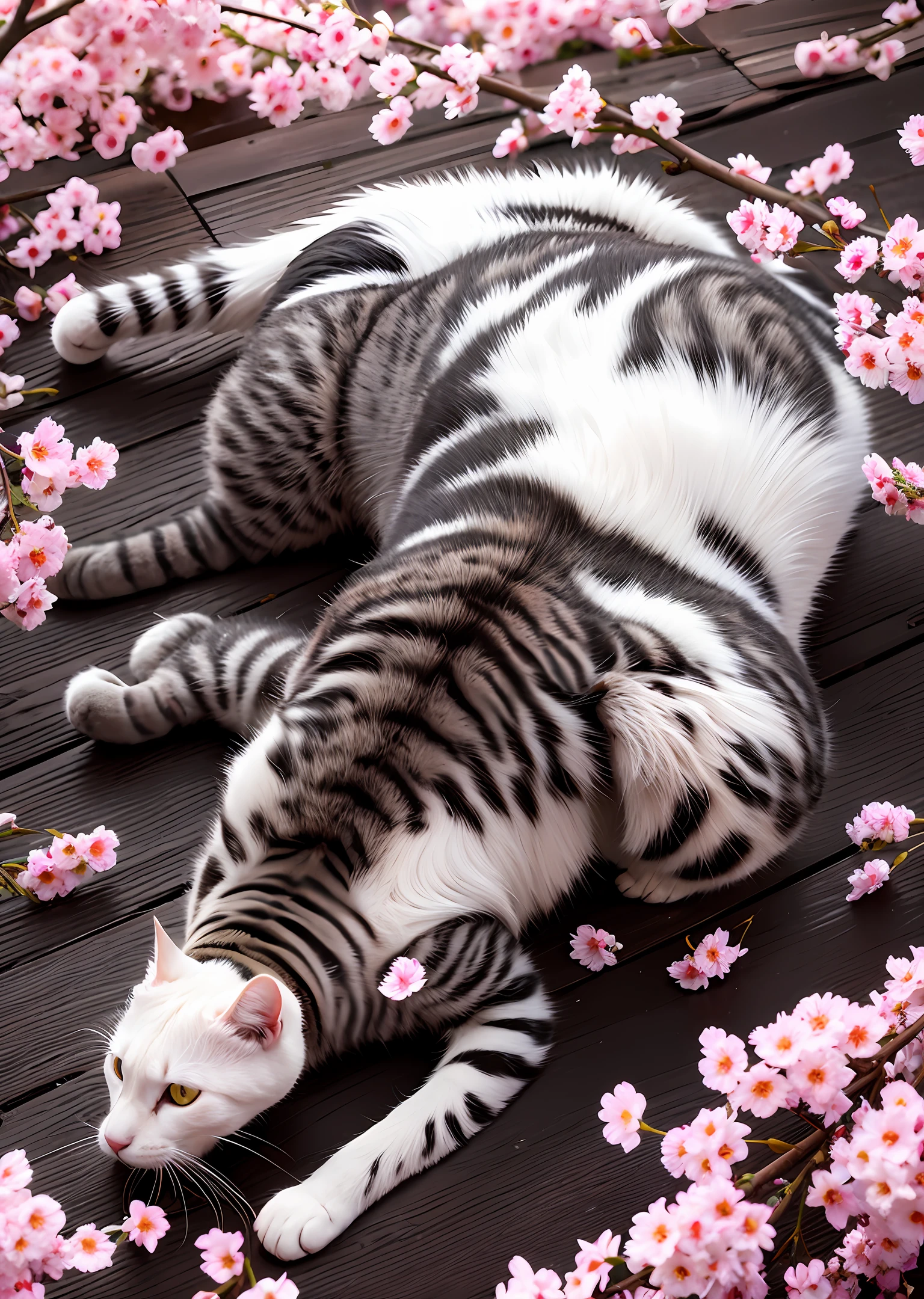 hyper realistic cat skeleton lying on cherry blossoms