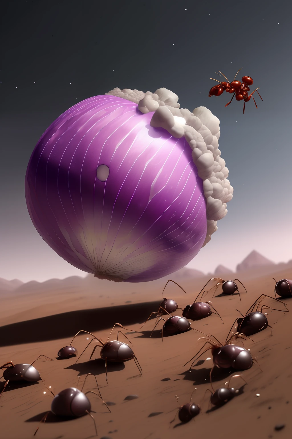 a chopped onion asteroid colliding with the ground, run ants run!