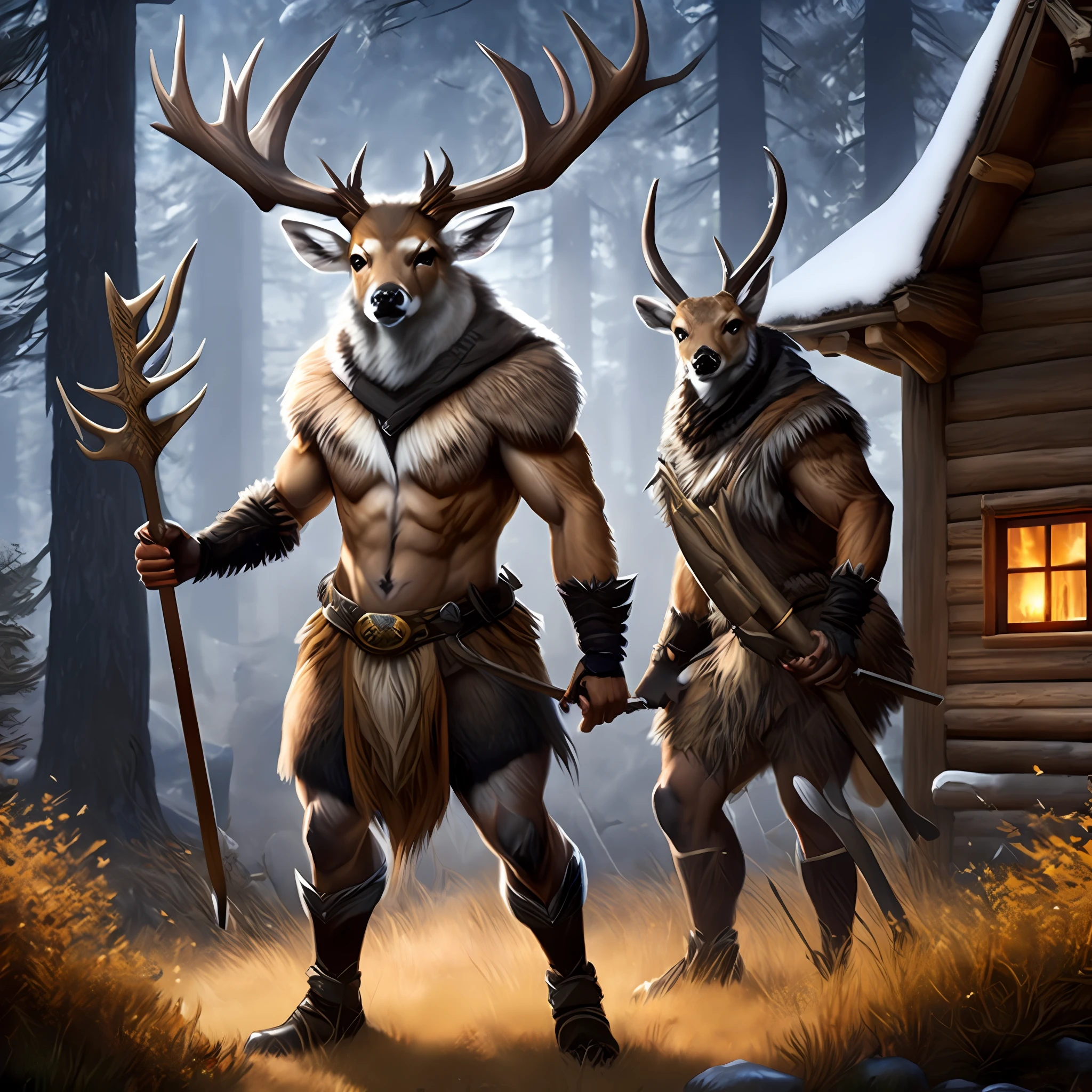 multiple people with deer heads. antlers on head, fking_scifi_v2, full body view, furry body, holding spears, wooden log house background