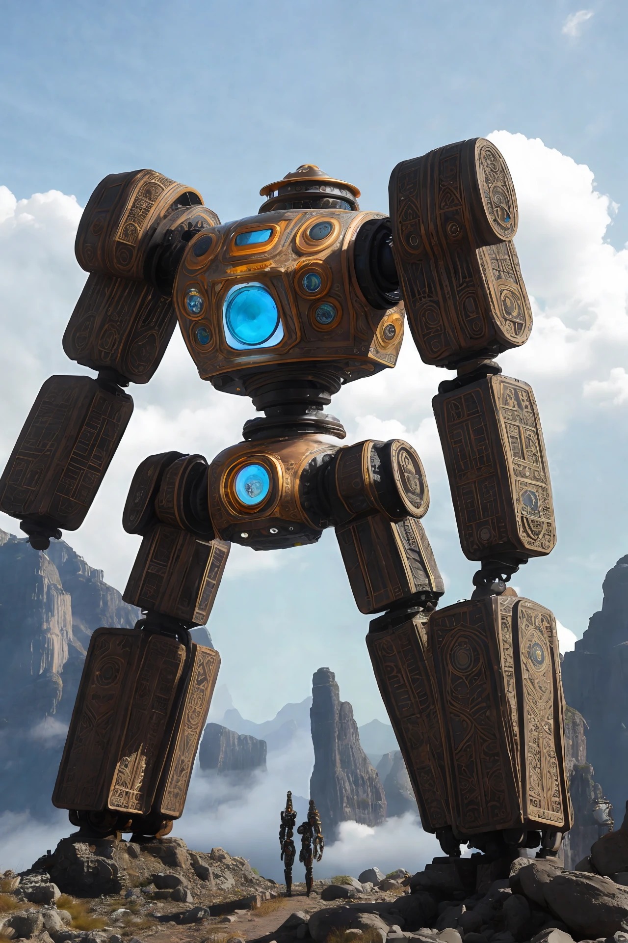 Imagine a world where machines have gained consciousness and formed their own civilizations. In this world, a fulturasta robot is tasked with exploring the high mountains, where ancient ruins and forgotten relics are hidden among the clouds. The robot is a marvel of technology and art. , with intricate designs and glowing runes etched into its metal skin. Its movements are fluid and graceful, as it navigates the treacherous terrain with ease. Create an image that captures the majesty and mystery of this fulturasta robot, set against the backdrop of a vista dazzling mountain."