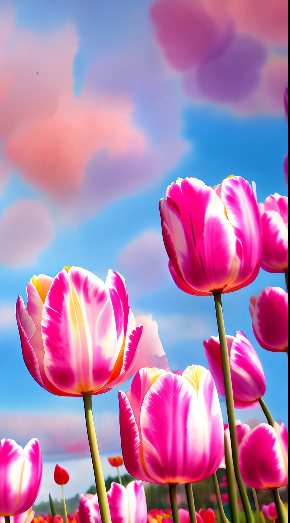 Watercolor style, (Tulips in Pink) digital art, wind, sky with clouds, masterpiece, ((watercolor)), intricate details. Great detail, [pinging: 0.7], Trending on Artstation,