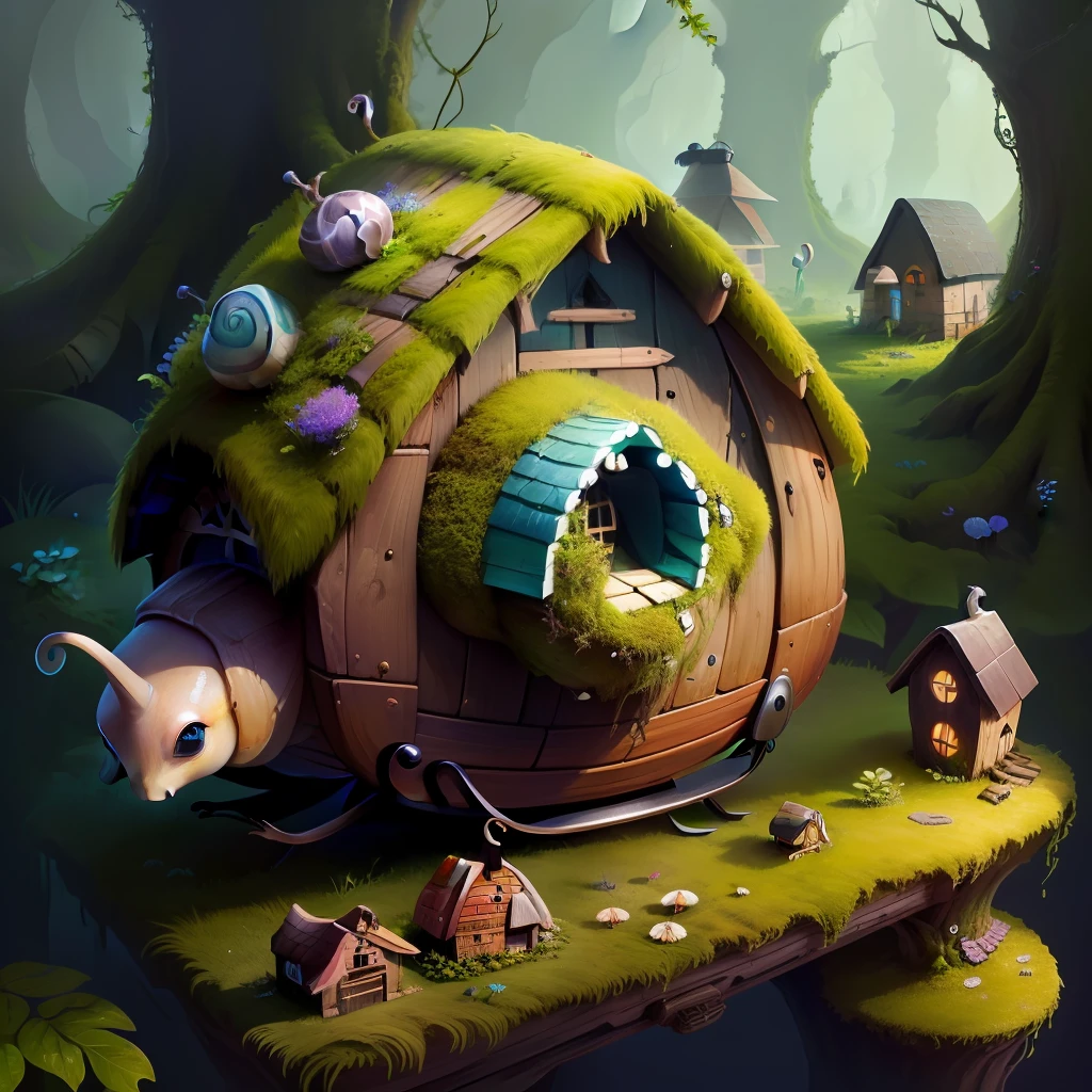 a beautiful snail carrying a moss house on its back