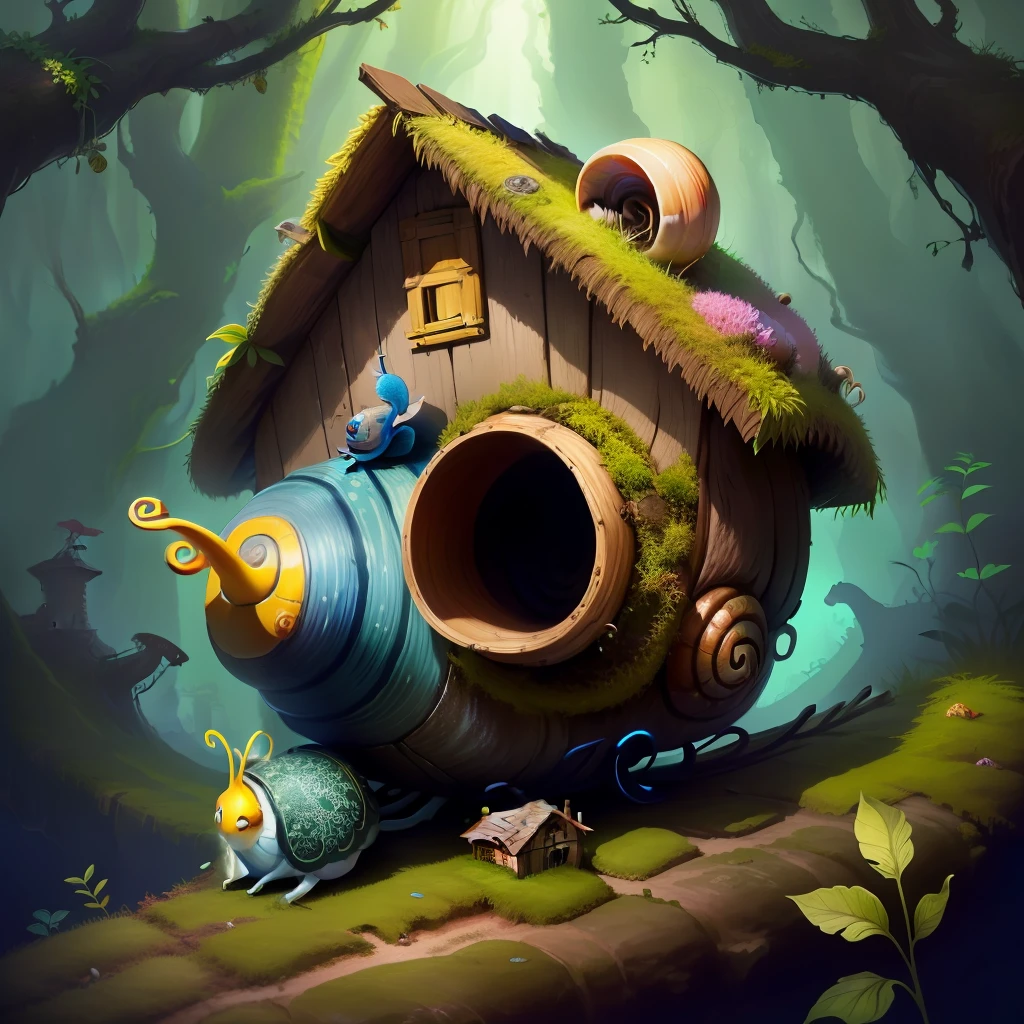 a beautiful snail carrying a moss house on its back