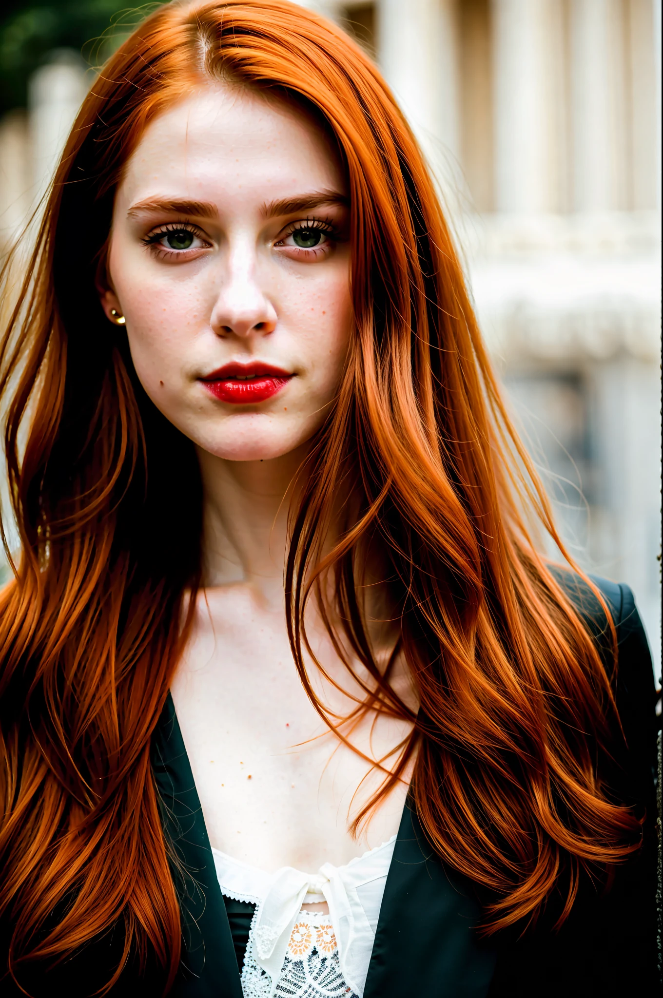RAW photo, a close up portrait photo of  a woman in black clothes, redhair,long hair, pale skin, background is rome, (high detailed skin:1.2), 8k uhd, dslr, soft lighting, high quality, film grain, Fujifilm XT3