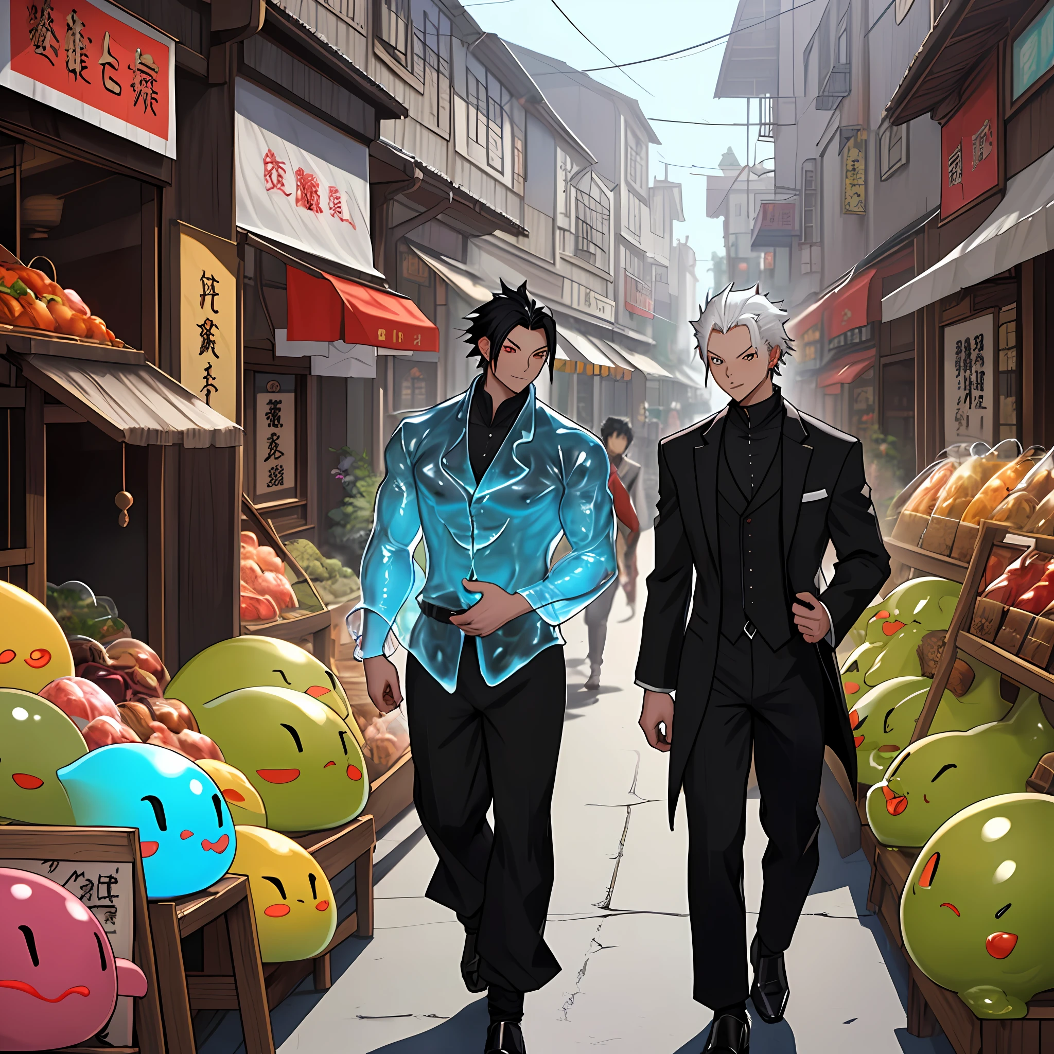 Diablo (Tensei shitara slime data ken) character with black hair, formal clothes, in the background a street with several shops, a fantasy environment with abundant runs