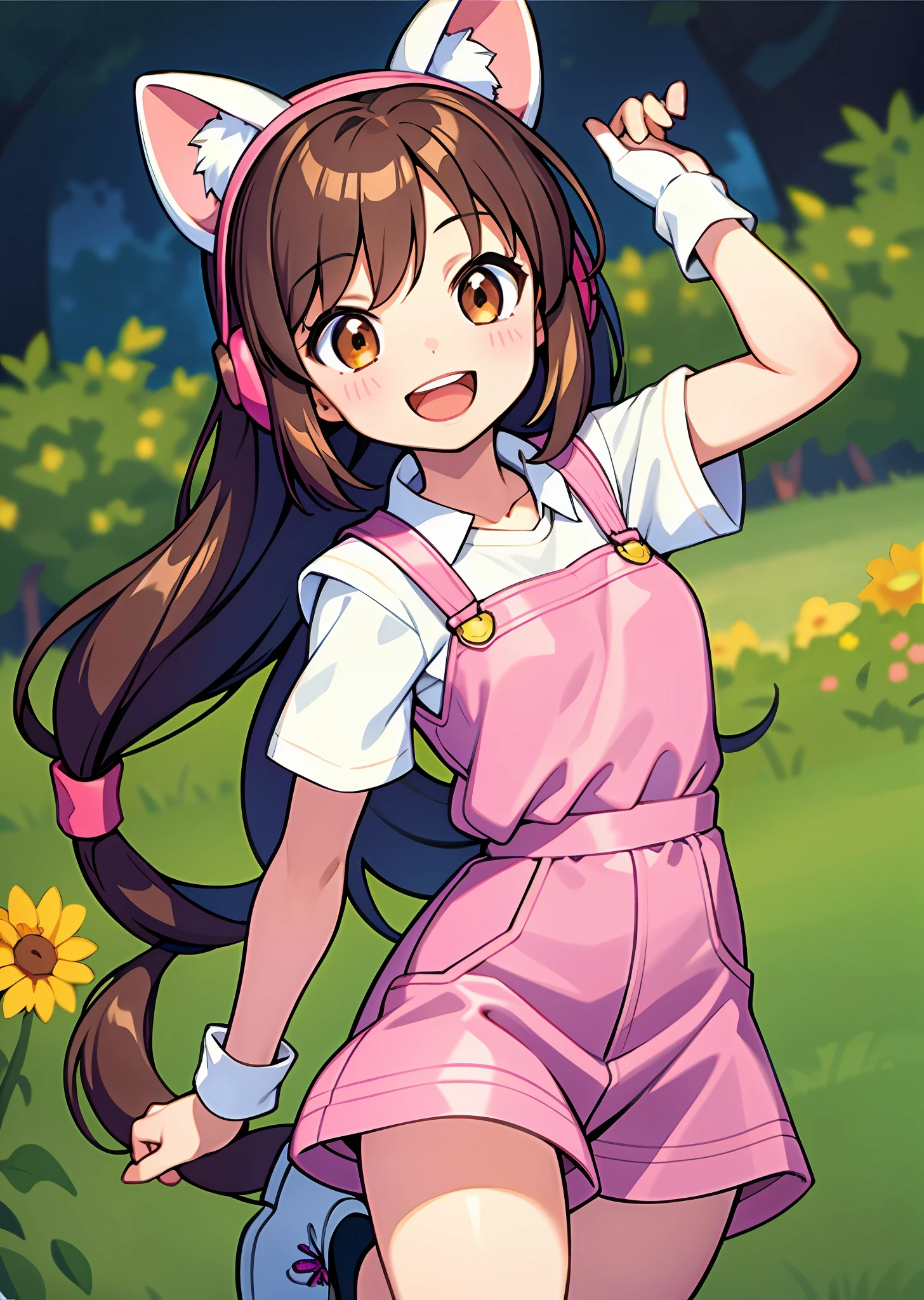 kid, 10 year old girl, masterpiece, best quality, highest quality, photorealistic, smile, open mouth, perfect anatomy, perfect face, perfect eyes, Pandballgt, 1Girl, Brown eyes, Brown hair, Hair tied in 2, long hair, plastic pink headphone plastic pink kitten ears, pink overalls, Fingerless Gloves, White shirt, pink gardener, flying