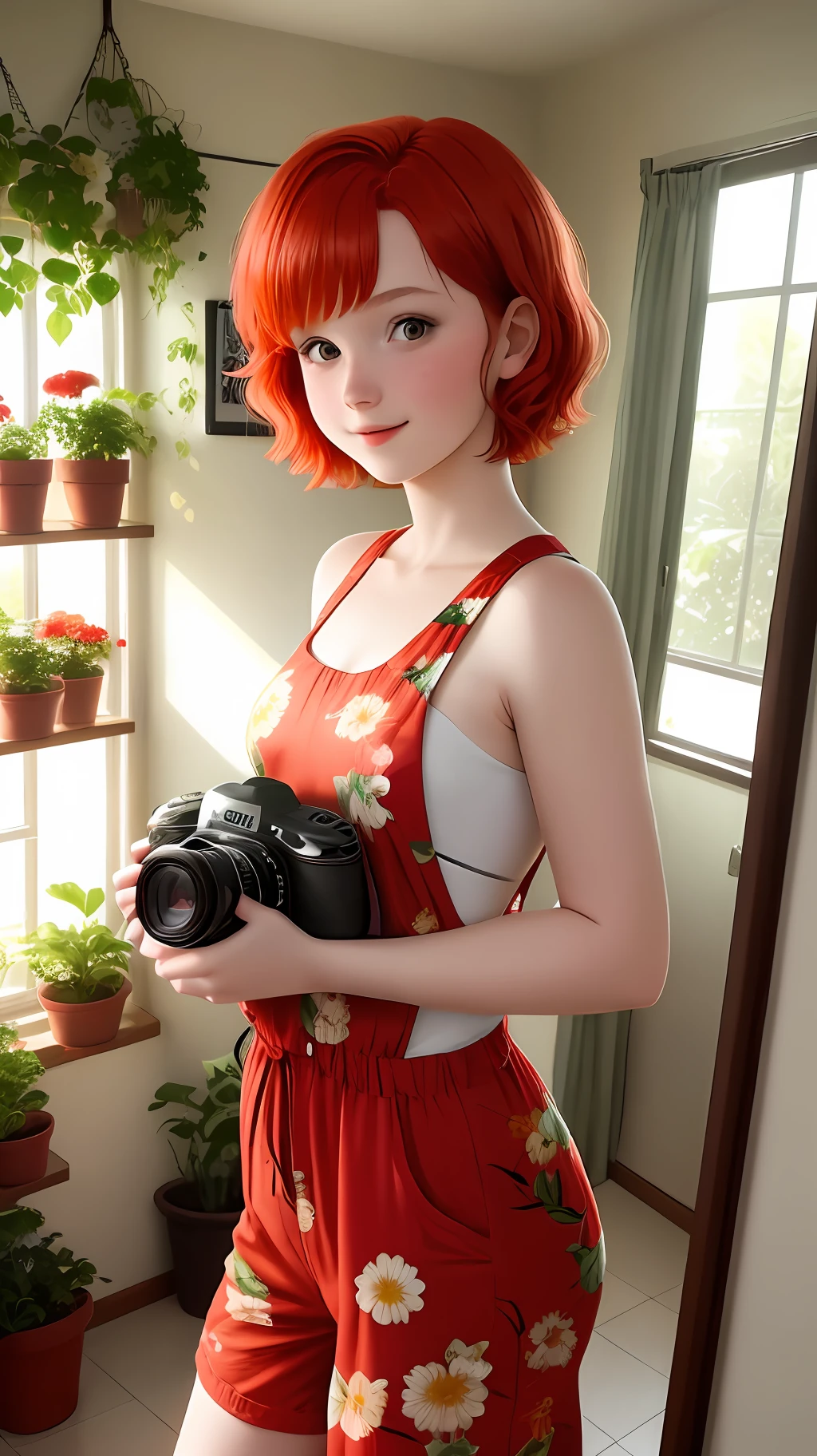 A girl, 18 years old, fun short red hair, wearing a flowered jumpsuit, holding a camera and saying hello, room decorated with plants, rays of sun