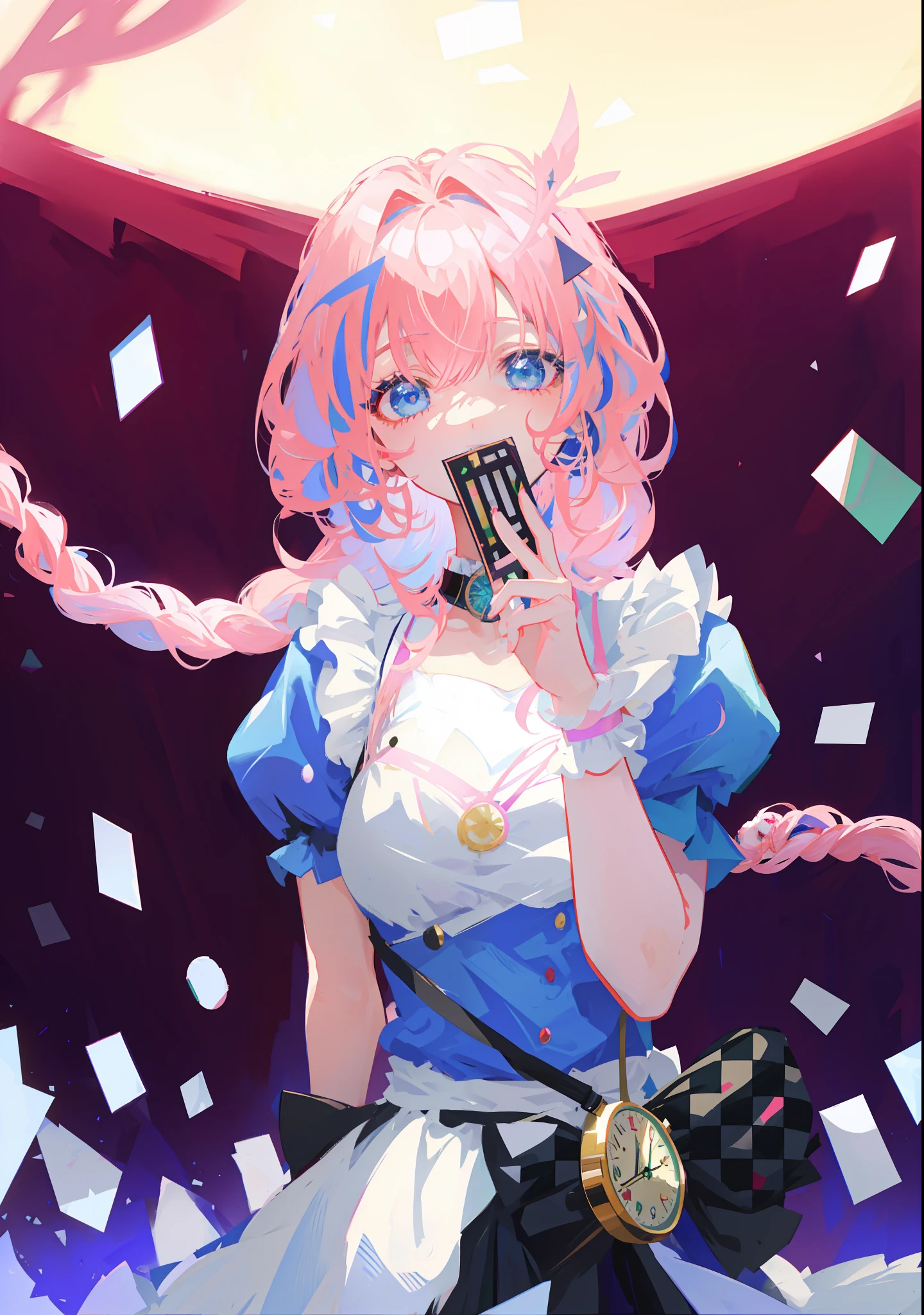 (Best Anime 4k Konakan Wallpaper, Alice in Wonderland Style), (Beautiful, Blue-Eyed Pink Haired Girl with Clock), (Alice in Wonderland Cyberpunk, Night Core, Ahgao, Magical Girl Portrait, Anime Kangaroo), (Good lighting effects, Free flying pink hair, Clock emphasis, Rear Alice in Wonderland style material), (Stereoscopic red/green/blue shades), ([HD: 0.8]|[ New: 1.2] and [Glass polarization: 1.1] texture), (Pixiv illustration) HD