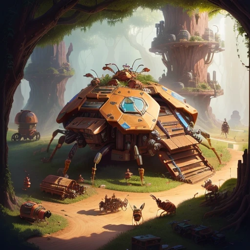 a tinkerer ant's anthill featuring with busy machines and woodworks