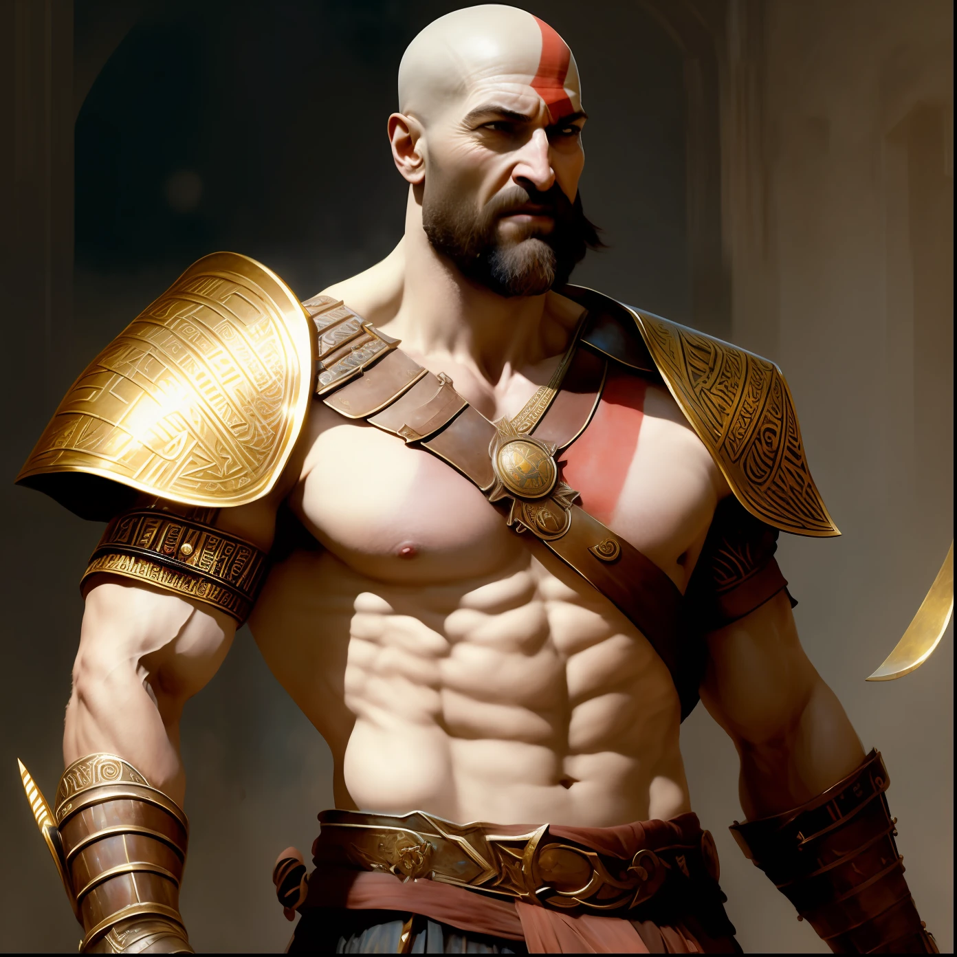 beard kratos person dressed in Egyptian shoulder pads, exploding in fury, flexing arms, blades, pharaoh armor, gold, lapis lazuli, hieroglyphics, boots, Roman city, perfect soft impressionist composition, character portrait, intricate, oil on canvas, masterpiece, expert, insanely detailed, 4k resolution, john william waterhouse, charlie bowater, agnes cecile, mucha, Gabriel Ferrier, composition, beautiful and intricate intricate insanely detailed octane rendering  Trend in Artstation, 8K artistic photography