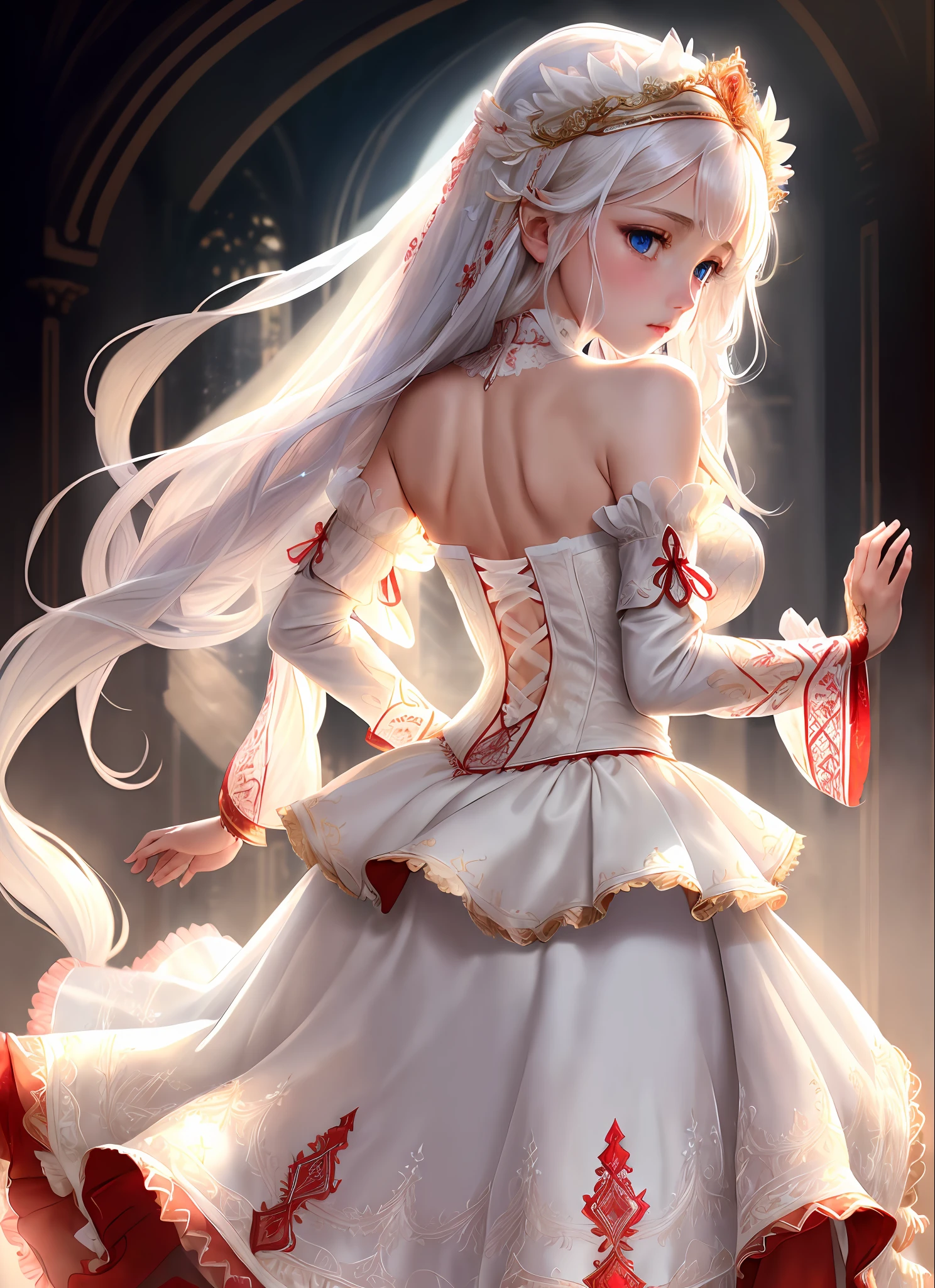 ((extremely detailed CG unity 8k wallpaper)), masterpiece, ultra-detailed, floating, high resolution, sexually suggestive, (petite, absurdly long white hair, princess, white mage, blue eyes, ("ornate long white and red see through layered long dress with long detached sleeves and intricate embroidery"), bridal veil, circlet, bridal gauntlets, blushing, shy, bare shoulders, arched back, ruffled petticoat,