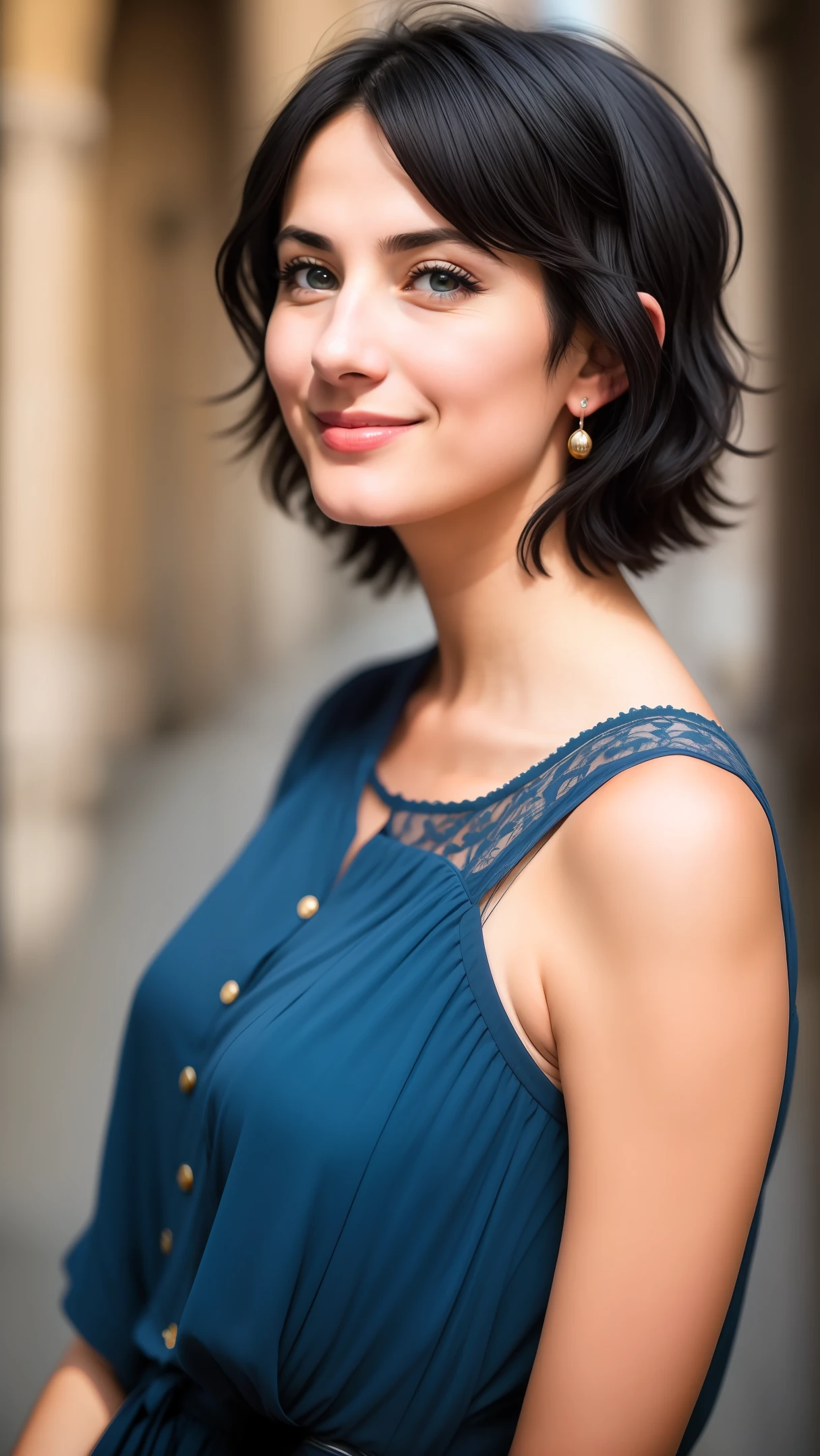 RAW photo, an italian  woman in Blue clothes, short black hair, cute smile, background is rome, (high detailed skin:1.2), 8k uhd, dslr, soft lighting, high quality, film grain, Fujifilm XT3
