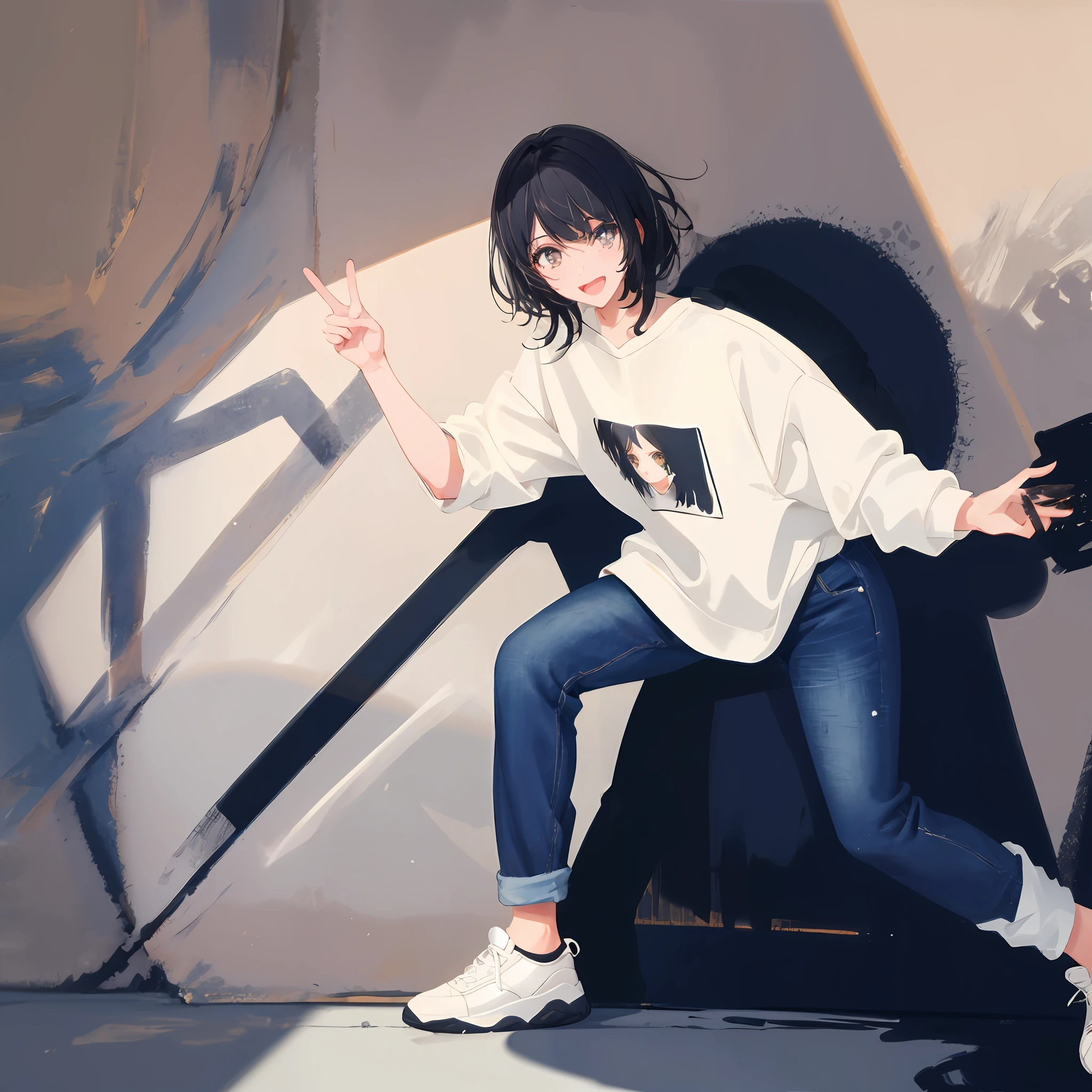 (Lively Girl), (Short Black Hair), (Sweatshirt), (Jeans), (White Sneakers), (Laughs), (Excellent Light and Shadow Effect), (Painting Style Standing Painting)