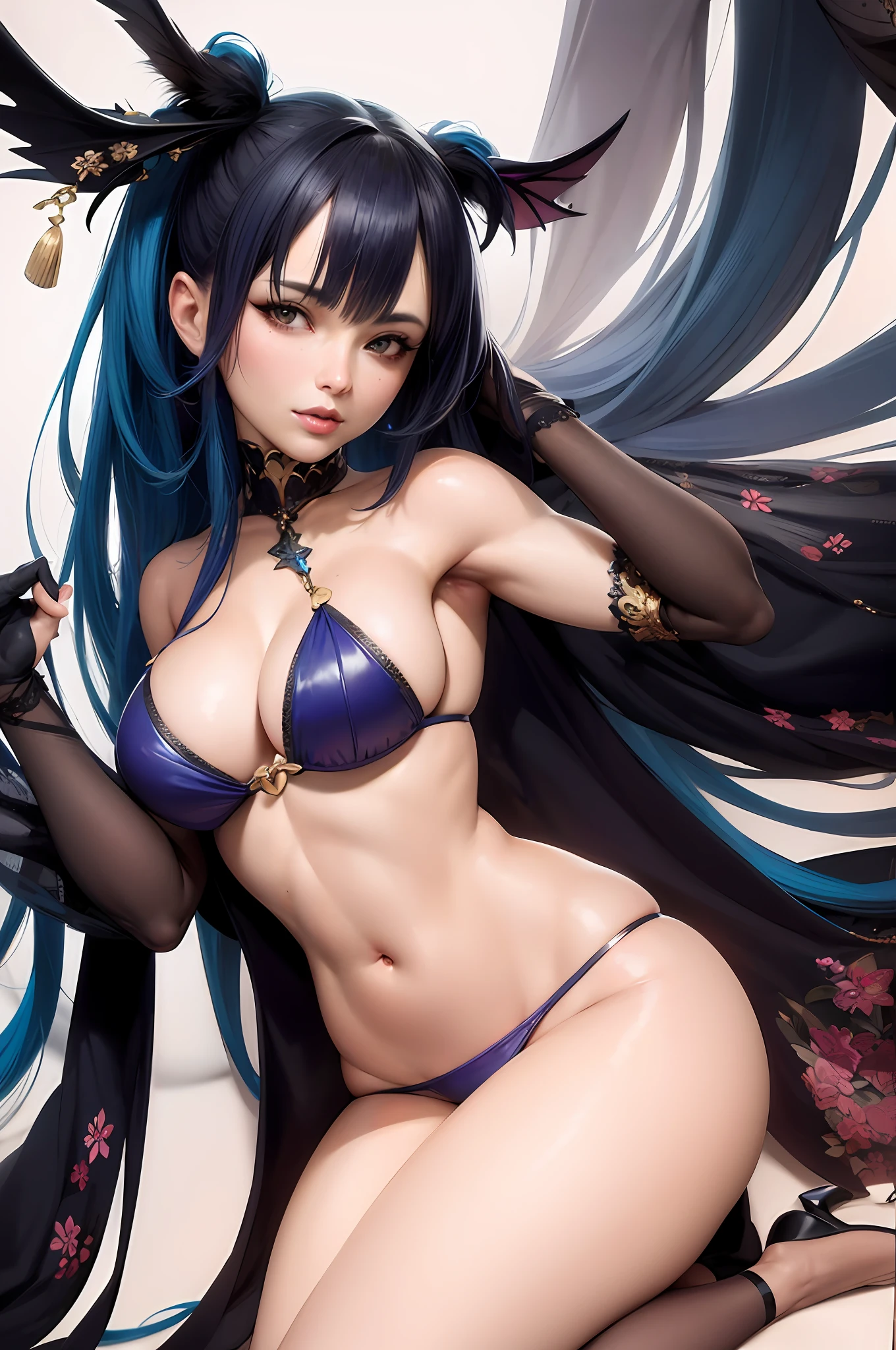 8k, Beautiful detailed Photorealistic Morrigan from Darkstalkers, high resolution, tastyle, hair ornaments, geisha make-up, large shiny chest uncovered, shiny, perfect realistic body, realistic facial features, hyperrealism, Azur Lane(masterpiece:1.2, best quality), realistic, (intricate details, depth of field), (1girl, solo), make up, parted lips, highly-detailed, perfect face, cleavage, erected breasts, thick thighs, wide hips, small waist, string bikini Armor