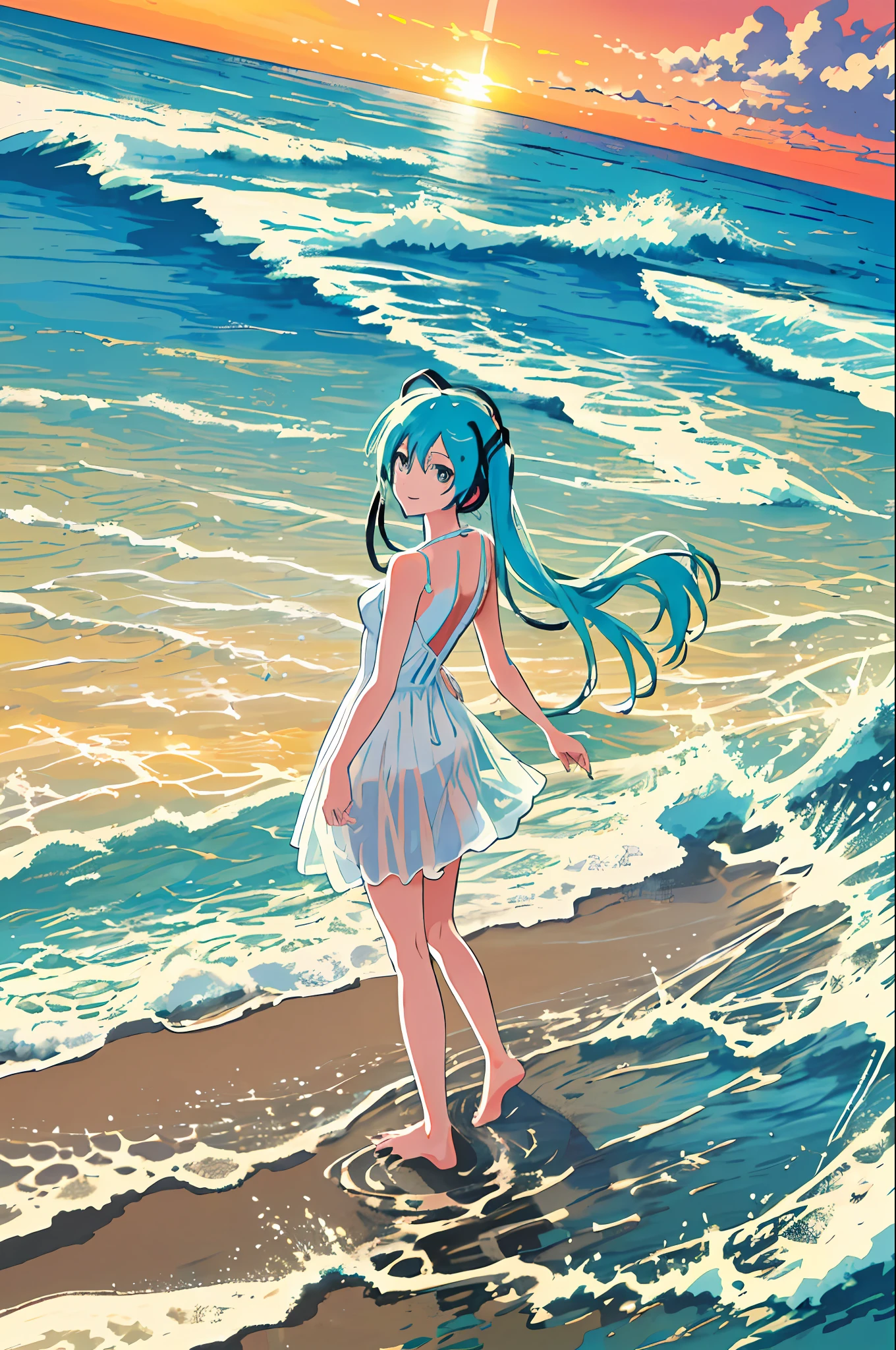 masterpiece, best quality, 1girl, best quality, ultra high res, 1girl, hatsune miku, full body, scenery, smile, ocean, sunset, city, barefoot, footprints, sand, white dress, from back, looking at viewer, looking back, silhouette, wading, standing on liquid