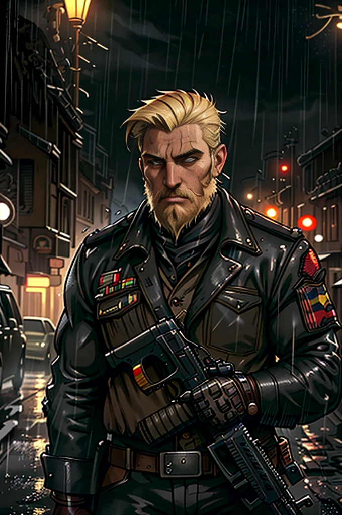 Blond guerrilla with worn black uniform, uses rifle, beard, ruined background, realistic, stylish, rutkowski, hdr, intricate details, hyperdetailed, cinematic, rim light, danger atmosphere, noir, night, red light, dark street, rain, 4k