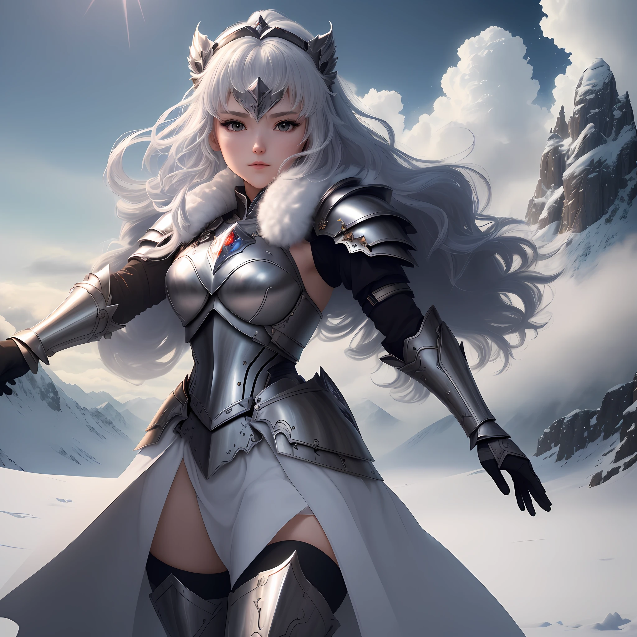 (extremely detailed CG Unity 8K wallpaper, masterpiece level of best quality, Ultra HD),
(Best lighting, best shadows, very delicate, beautiful female knights, masked armor, very gorgeous),
(anime goddess, beautiful berserker woman with shiny sword in hand),
(BG: Snowy mountains before the battle, wind and snow, distortion of time and space, sunlight penetrating the clouds, playing a gorgeous and magnificent symphony) 8K, high resolution