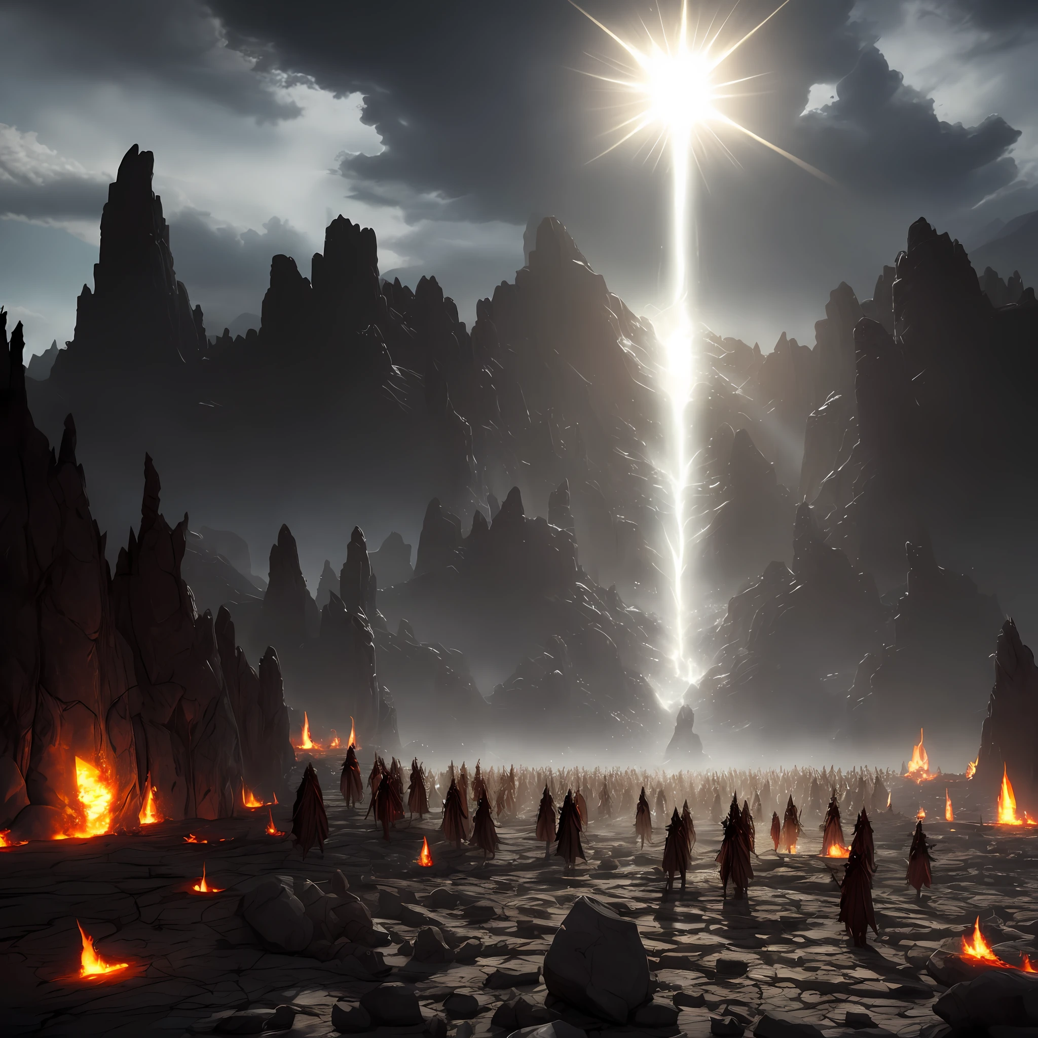 A divine light, on a shattered plateau, with many vampires, burning with the light, and dying
