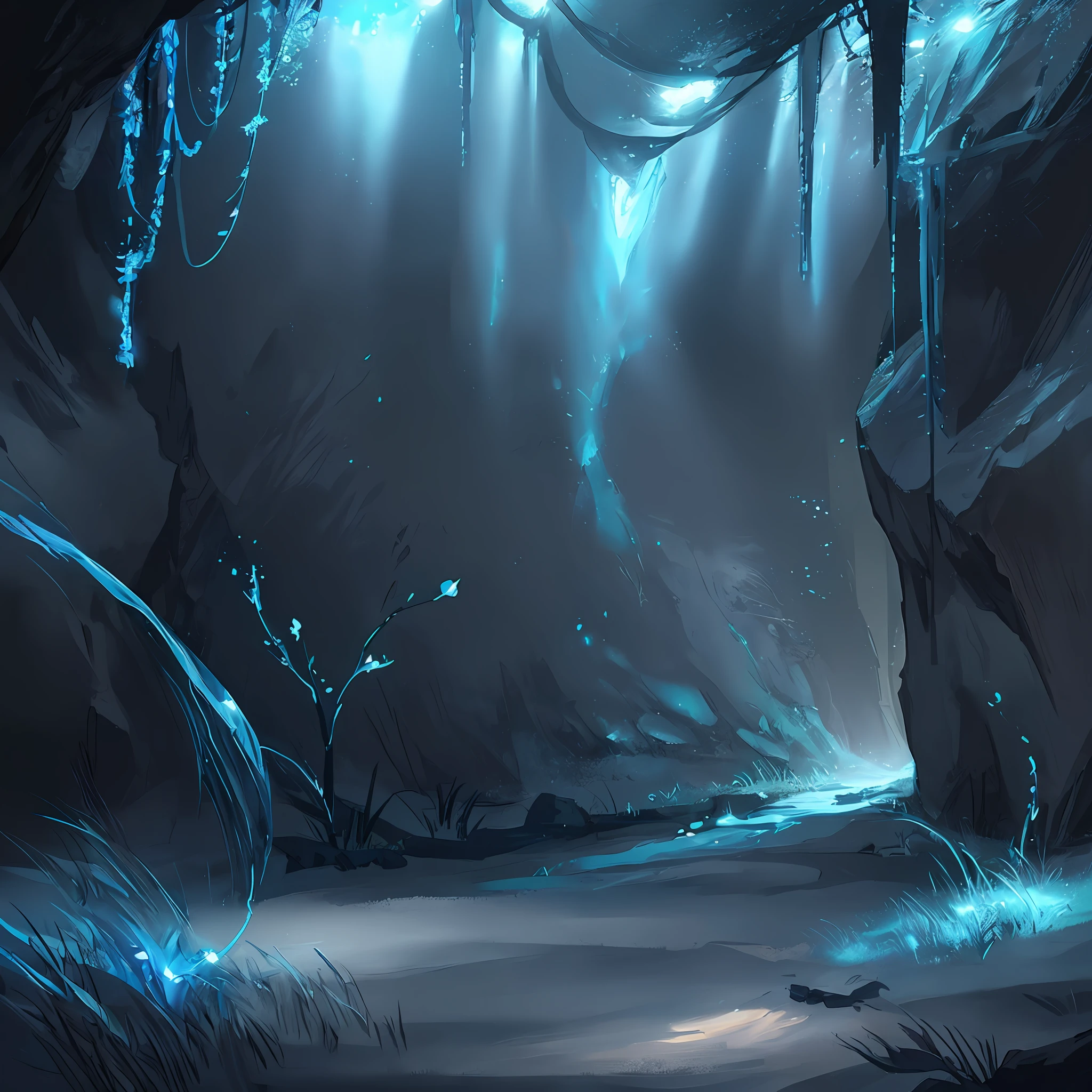 Letters of a magic written on the wall of a cave, with lighting in cyan color, many details,