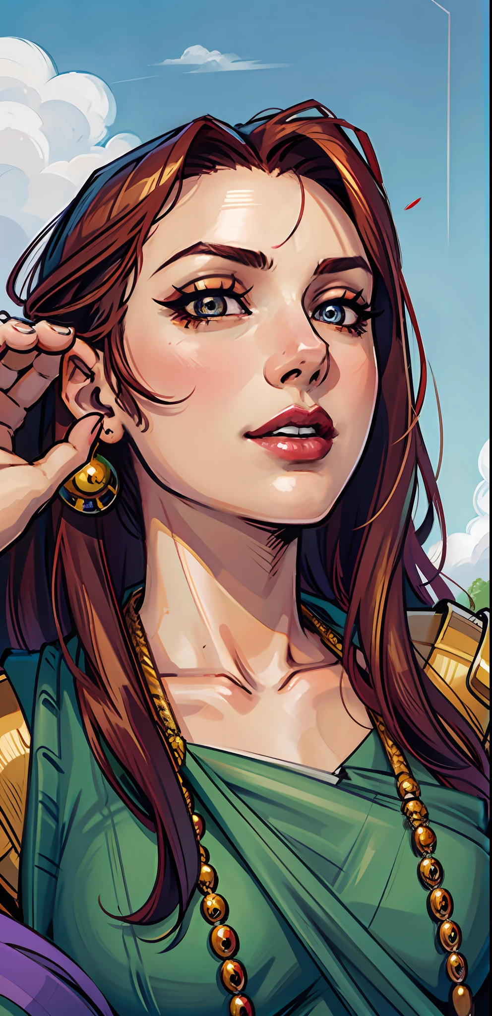 (masterpiece),(best quality:1.0), (ultra highres:1.0), detailed illustration, 8k, anime, 1girl, beautiful anime girl, wearing a green sari, sari, pretty face, detailed face, beautiful eyes, detailed eyes, dark brown eyes, highlights in eyes, bright red lips, red lipstick, beautiful stylish hair, highlights in hair, anime style, best quality, vibrant