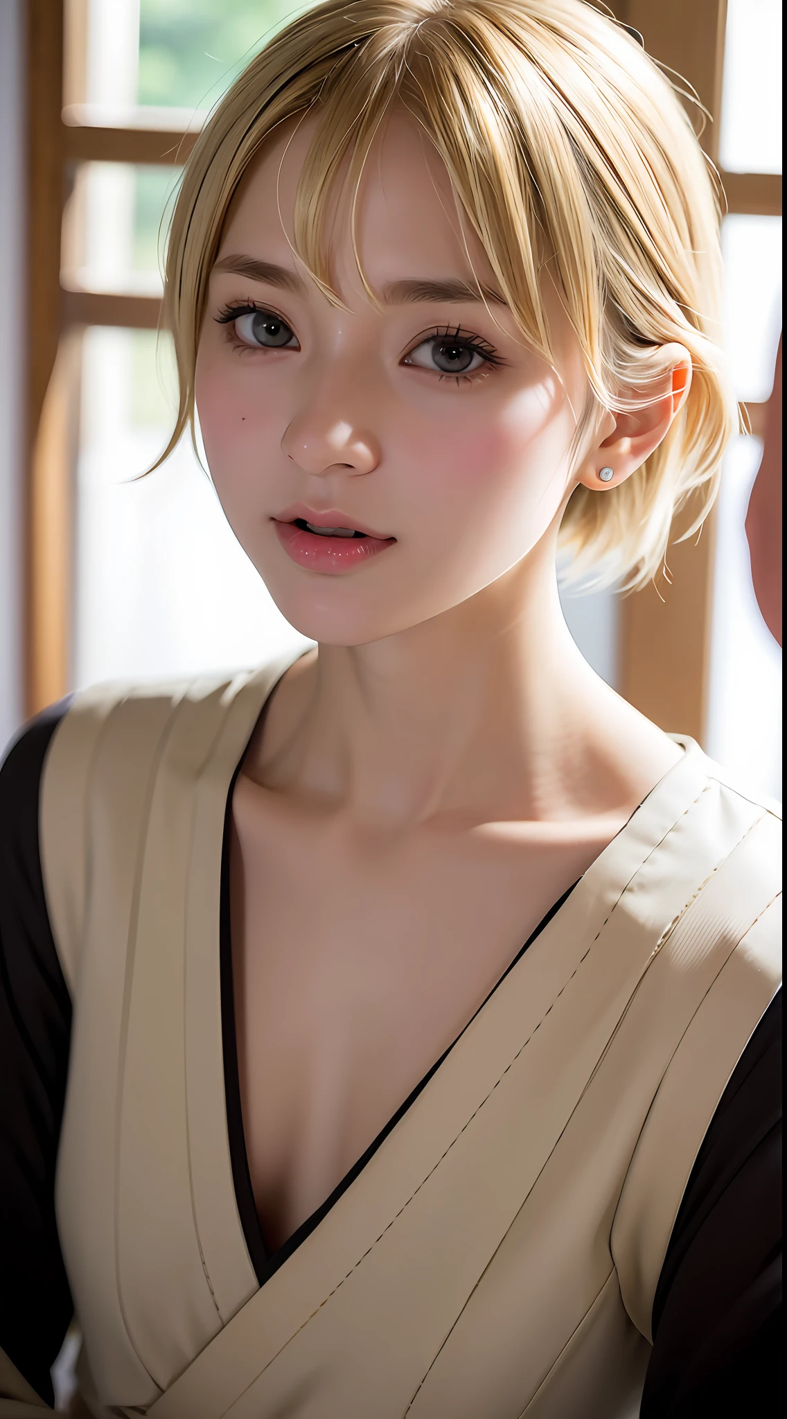 (Matsue:1.5), Close up, Masterpiece, Best quality, Raw photo, Photorealistic, Face, Short-haired, blonde, incredibly absurd, Beautiful girl, Cute, Short hair, Depth of field, High resolution, Ultra detail, Fine detail, Very detailed, Very detailed eyes and face, Sharp pupils, Realistic pupils, Sharp focus, Cinematic lighting