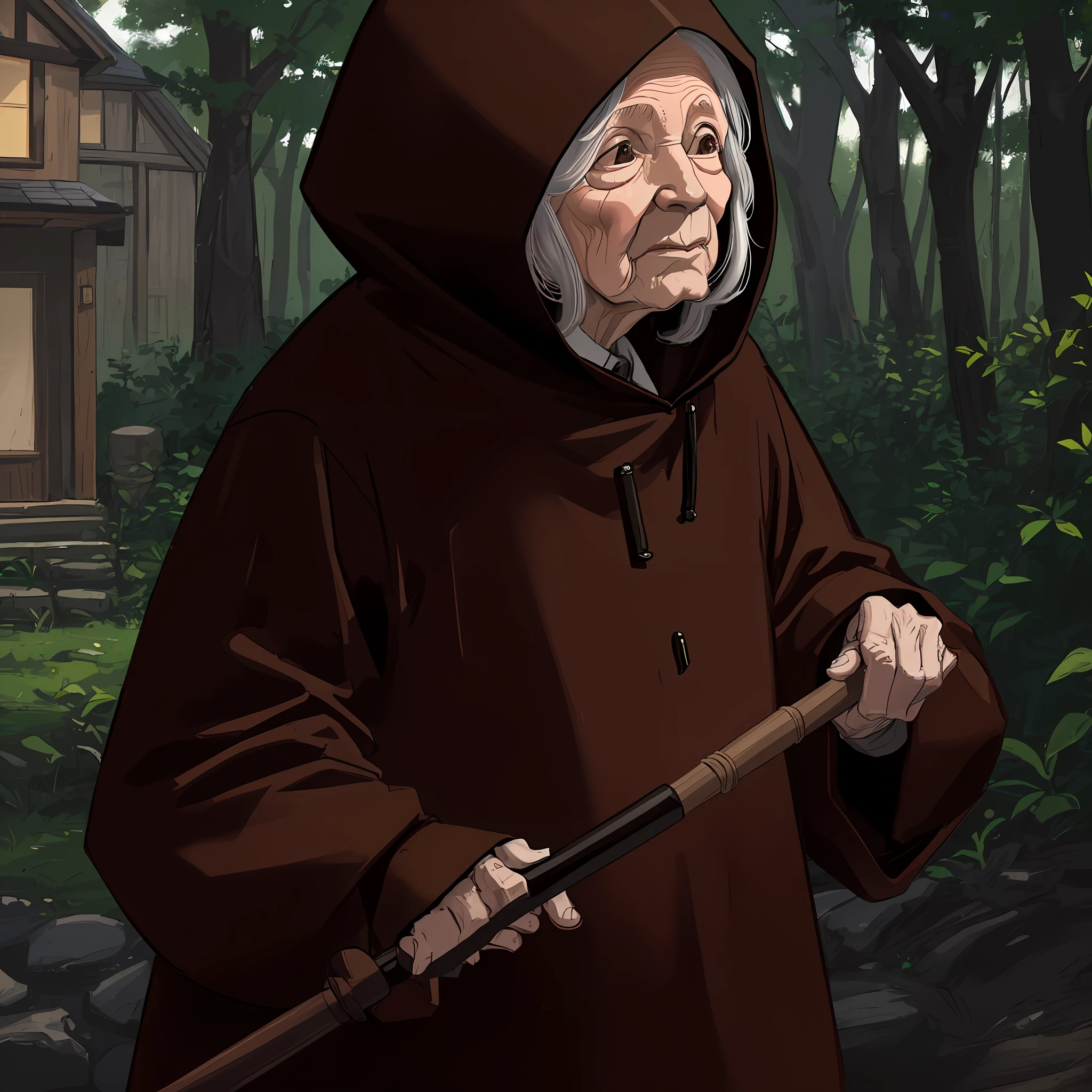 An elderly woman in a brown hoodie, with a cane, with her face down, in a small village with forest in the setting