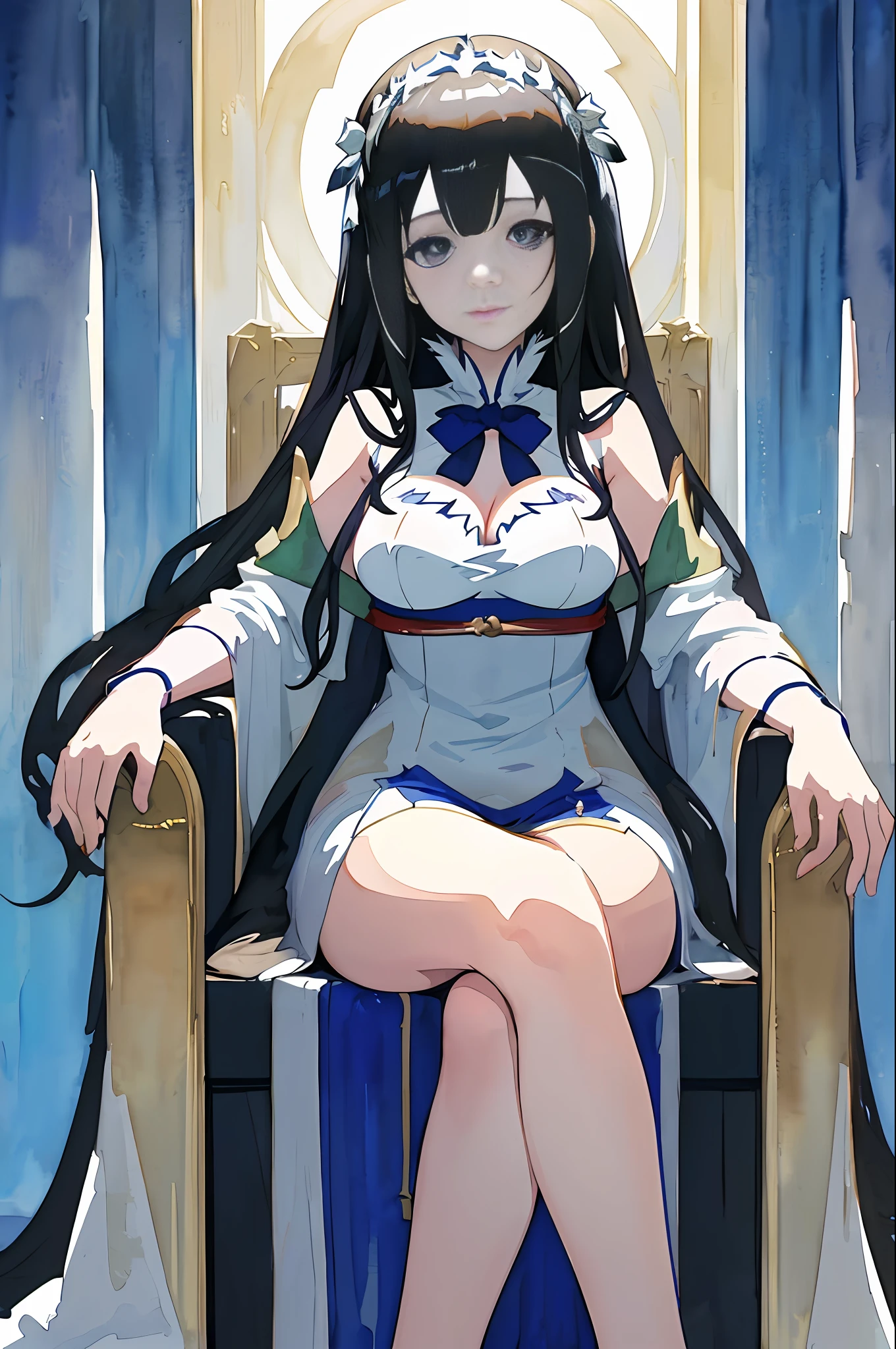 backgraound elegant throne room, shot front anime art of Hestia from danmachi, she is sitting in godess throne, (((looking at camera)), face detailed, perfect body highly detailed, detailed art, soft colors, natural light, seen from front, uhd, highly detailed, centered, watercolor