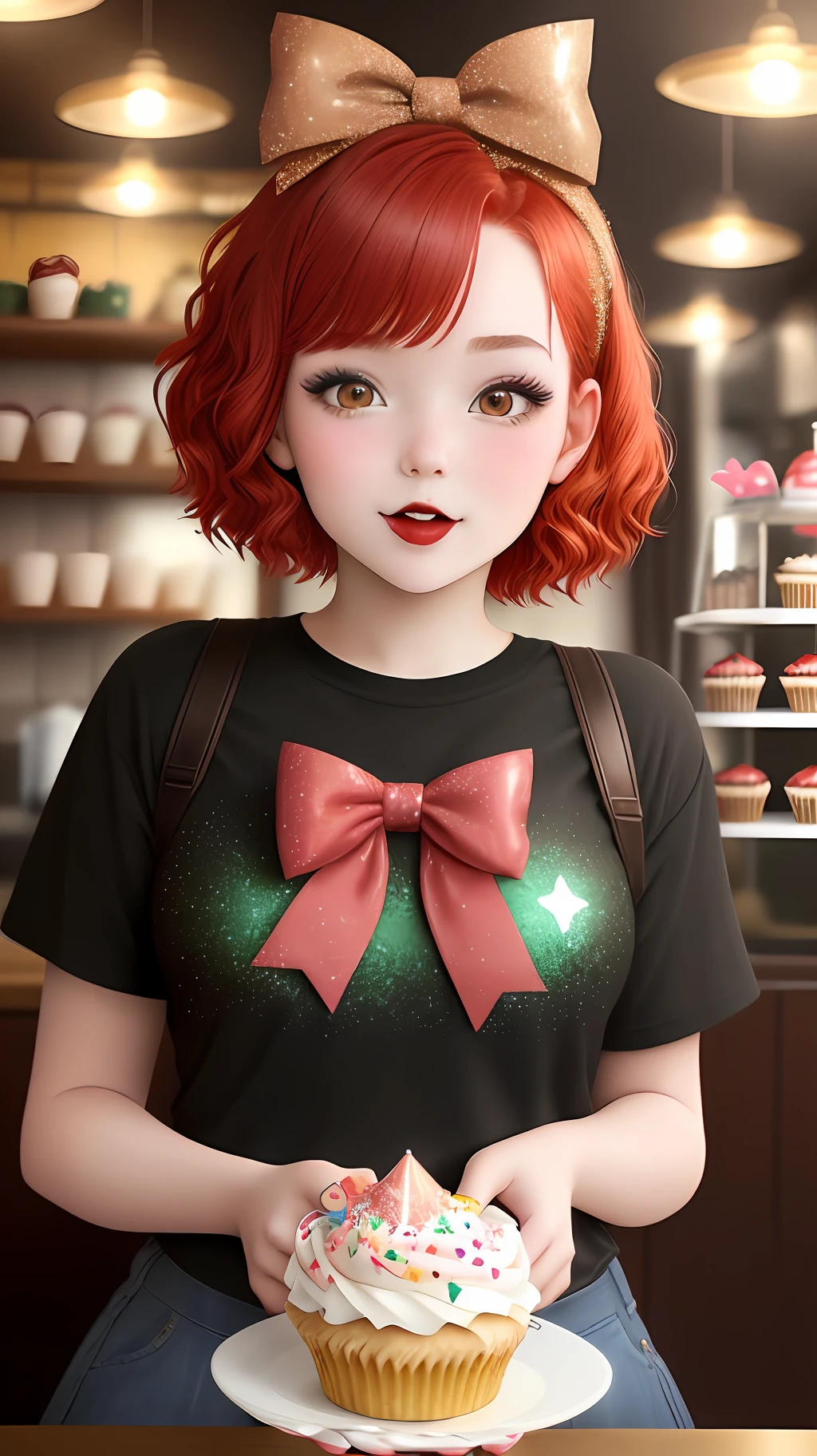 18-year-old girl with short red hair, trapped decorated with colorful bows, glitter makeup, eating a cupcake decorated with confetti in a coffee shop in the city of Tokyo