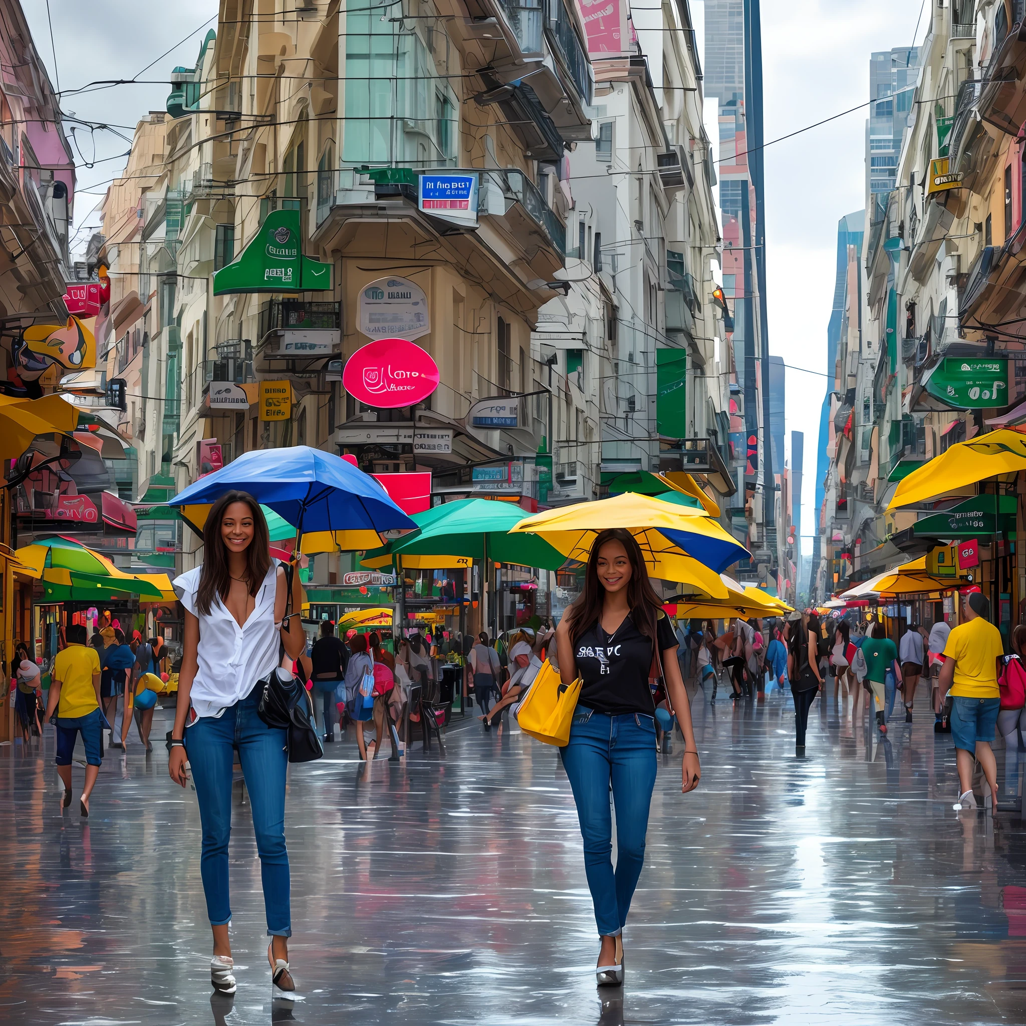 (8k, RAW photo, best quality, masterpiece: 1.2), (realistic, photorealistic: 1.37), 1 Brazilian woman standing on the sidewalk, perfect cityscape, lots of shops around, perfect Rio de Janeiro city center with buildings, perfect street cars, vlt rails, day, sunny morning, wet floor, professional lighting, photon mapping, radiosity, Brazilian Woman, shirt, futuristic woman.