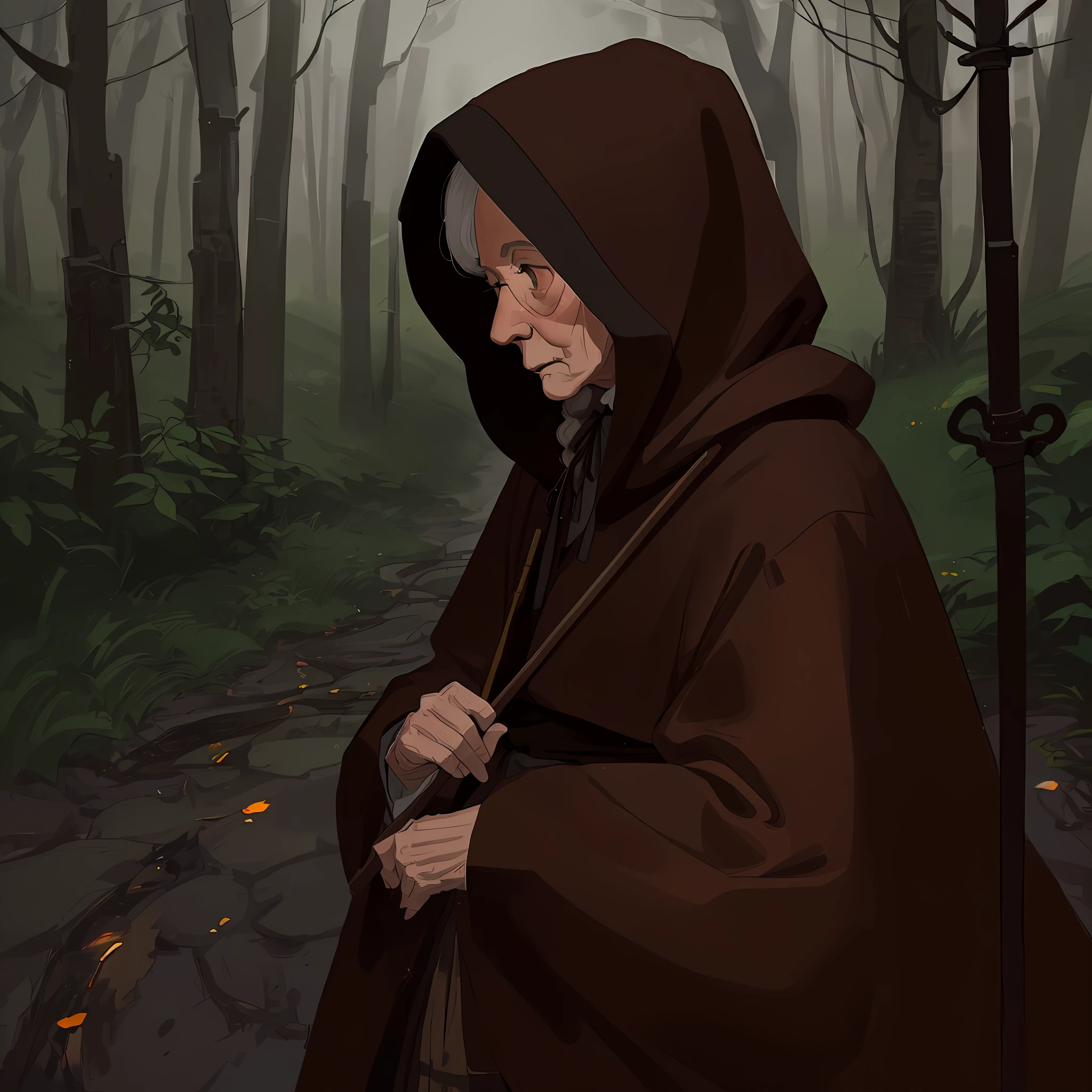 (an old woman),brown hood,cane,looking down,(small village),forest in the background(integrated),nostalgic atmosphere,fog,low saturation,low lighting::0.8