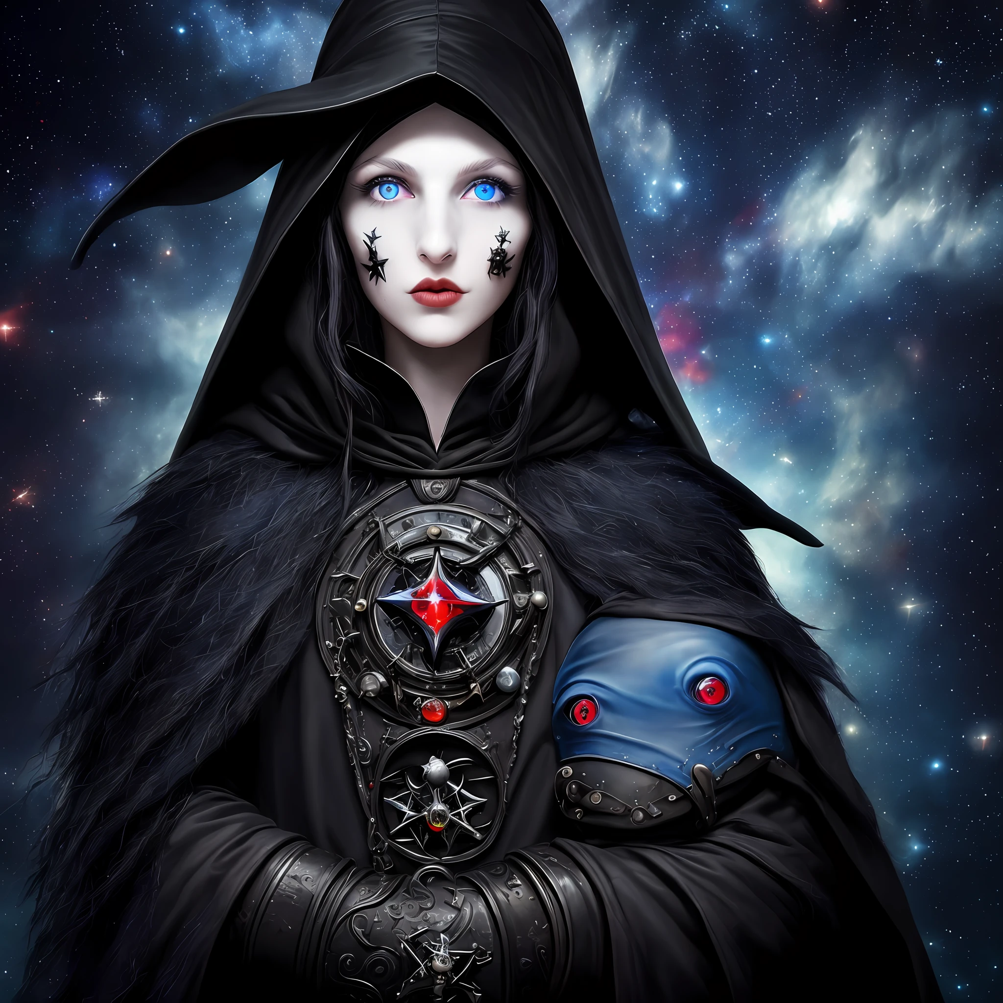 masterpiece, best quality, close-up, space, plague doctor, black hair, red eyes, messy hair, colorful stars, radiant light, heterochromia, big lips, blue eyes, gothic church background