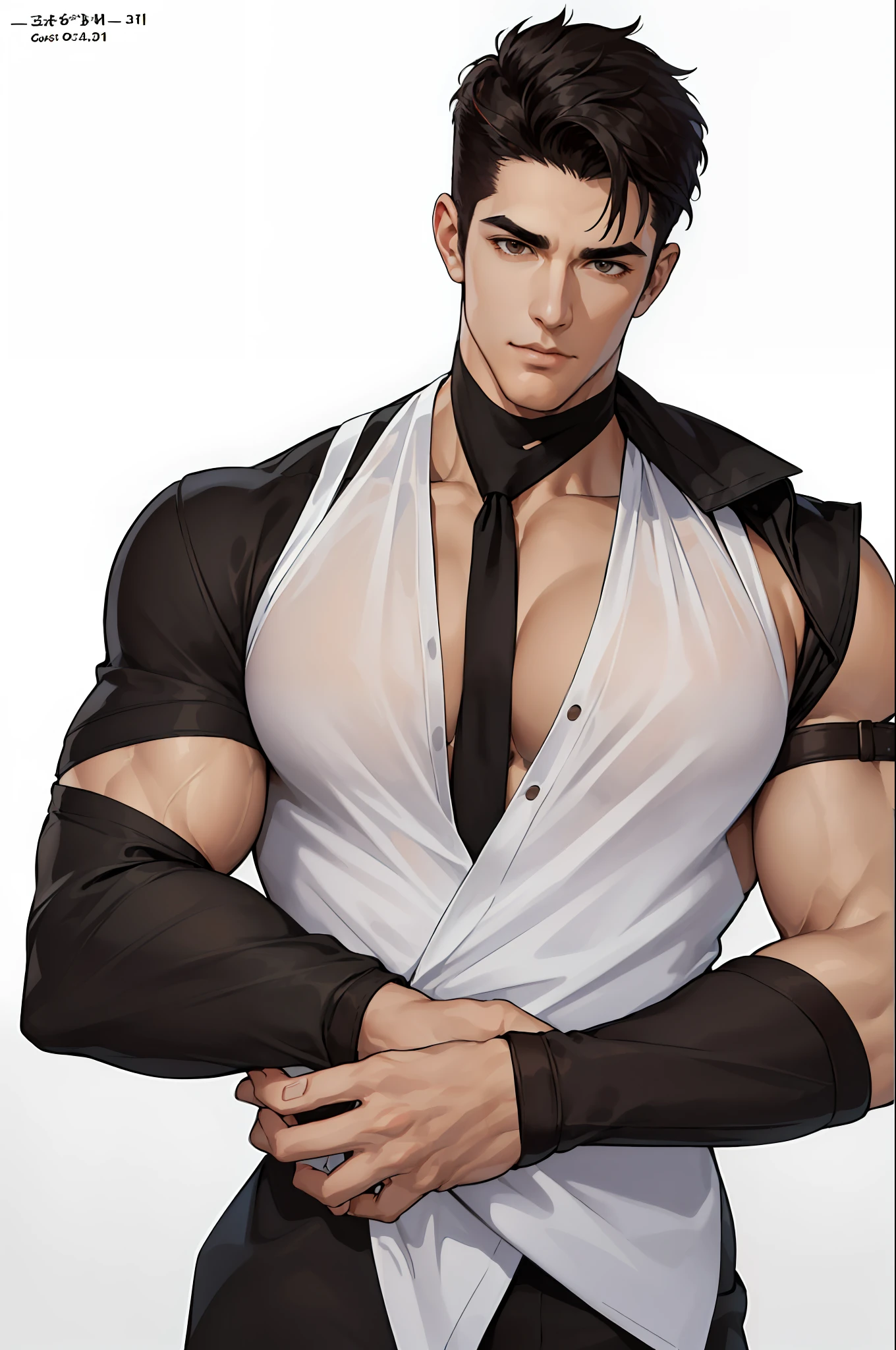 ( HD, Ultra Detailed), (1 male, single, adult, tall, handsome), fine eye and face portrayal, short hair, black hair, hair oil, well-defined hair, brown eyes, (pointed chin: 1.4, thick neck: 1.4, thick eyebrows: 1.4), shirt, suit, upper body, plain white background