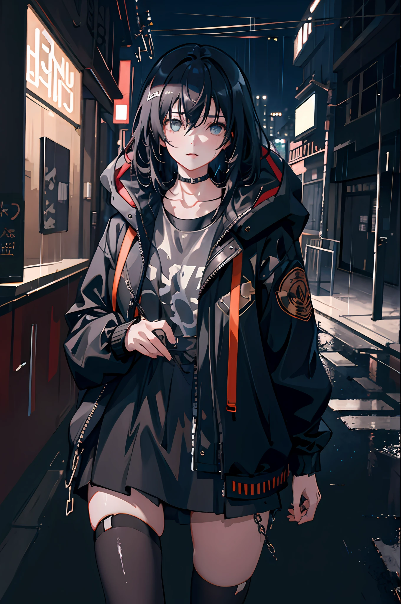 1girl, jacket, rain, outdoor, hoodie, open jacket, chain, backpack, looking at another, messy hair, trending on artstation, 8k resolution, highly detailed, anatomically correct, sharp image, digital painting, concept art, trending on pixiv, style of makoto shinkai,