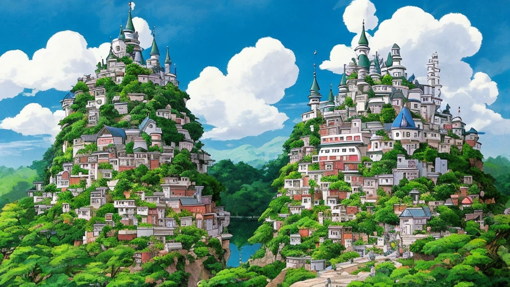 Studio ghibli with all of it's characters in a landscape photo. Close up