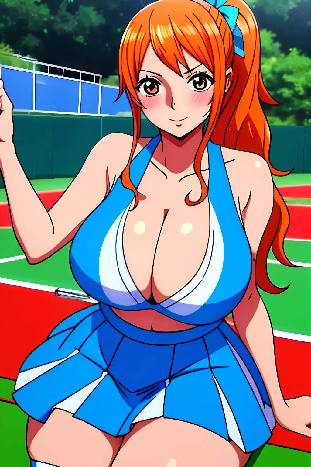 (masterpiece, best quality, semirealistic:1.3), nami, mature female, (full body shot:1.05), (skirt pulled up:1.2), sitting on chair, cheerleader, 1girl, milf, (curvy:0.8), solo, (blush:1.05), cleavage, long hair, orange hair, bare shoulders, clothing cutout, pleated skirt, zettai ryouiki, white thighhighs, shirt, cleavage cutout, huge breasts, covered breasts, perfect body, perfect eyes, anime eyes, smoky eyeliner, eyeshadow, perfect face, shy, sharp focus, tennis court background, professional artwork, intricate details, colorful, vibrant colors, vivid colors, Diffused lighting, digital blending, ultra detailed body, ultra detail hair, ultra detail face, trending on pixiv,