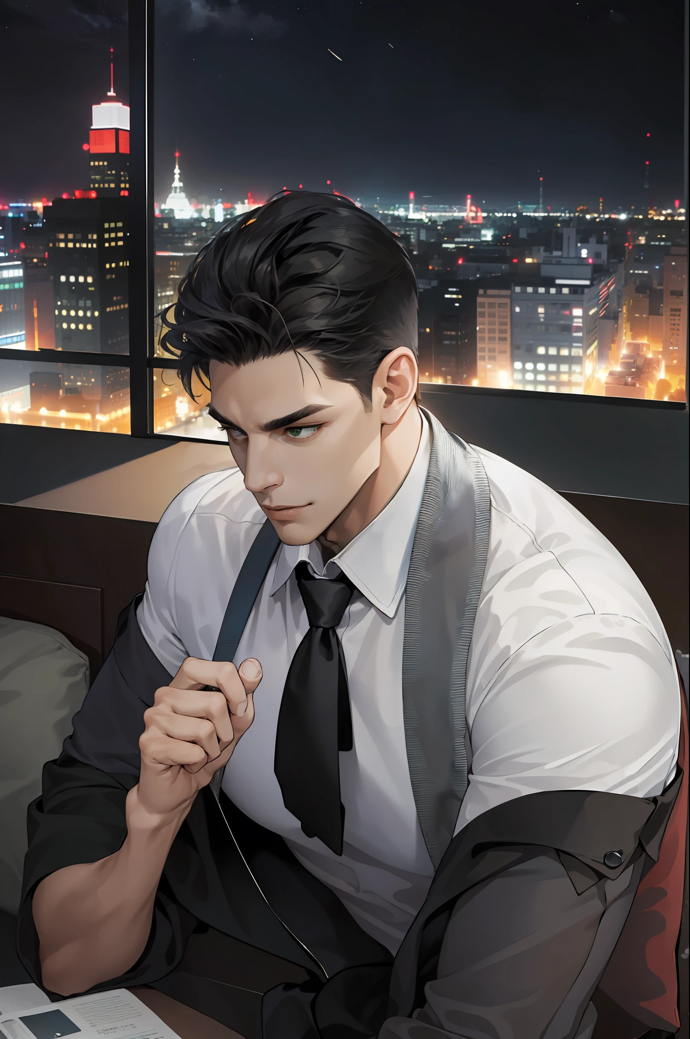 (absurd, hd, super detailed), (1 male, single, adult, mature: 1.4, age: 1.4, tall, handsome), fine eye and face portrayal, extremely short hair, black hair, hair oil, distinct hair, green eyes, (pointed chin: 1.4, thick neck: 1.4, thick eyebrows: 1.4), BREAK, night, dark, night view of the city through large windows, shirt, suit, break, upper body,