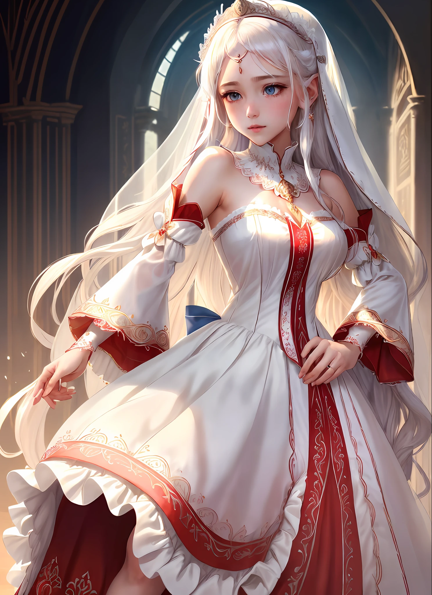 ((extremely detailed CG unity 8k wallpaper)), masterpiece, ultra-detailed, floating, high resolution, sexually suggestive, (petite, absurdly long white hair, princess, white mage, blue eyes, ("ornate long white and red see through layered long dress with long detached wide sleeves and intricate embroidery"), bridal veil, circlet, bridal gauntlets, blushing, shy, arched back, ruffled petticoat,