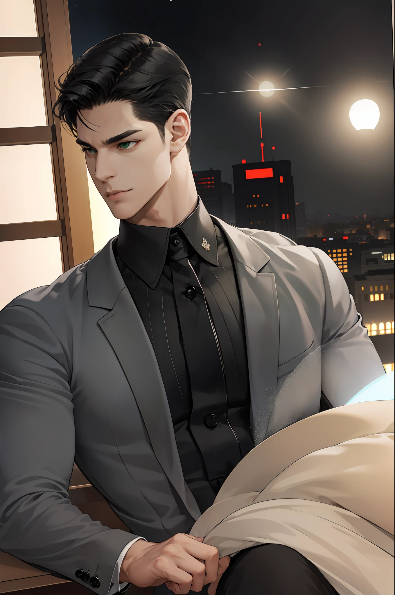(absurd, hd, super detailed), (1 male, single, adult, mature: 1.4, age: 1.4, tall, handsome), fine eye and face portrayal, extremely short hair, black hair, hair oil, distinct hair, green eyes, (pointed chin: 1.4, thick neck: 1.4, thick eyebrows: 1.4), BREAK, night, dark, night view of the city through large windows, shirt, suit, break, upper body,