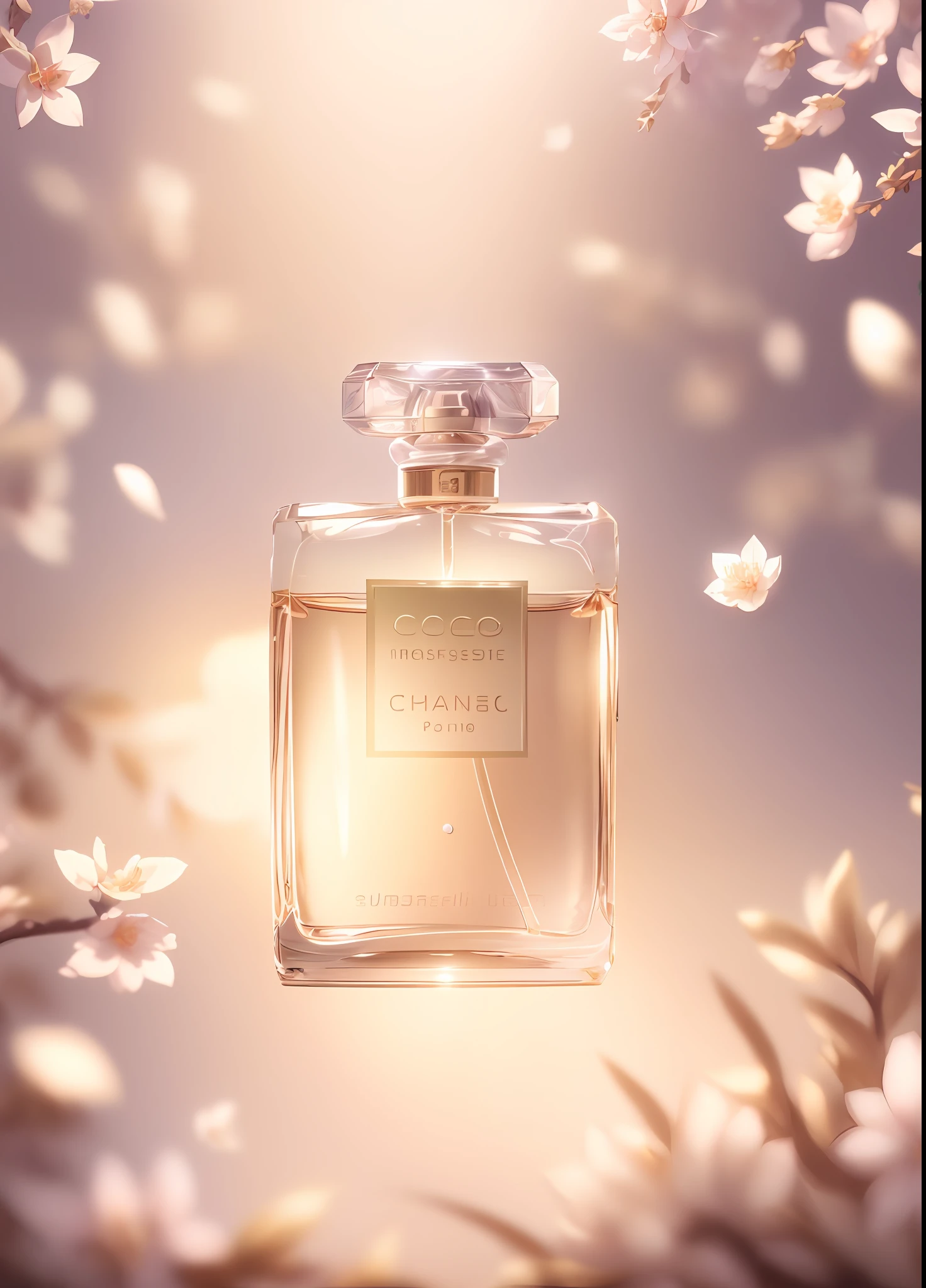 Masterpiece, best quality, (very detailed CG unified 8k wallpaper) (best quality), (best illustration), (best shadow) Nature Valley Delicate leaves Petals of various colors falling in the air Ray tracing, ultra-detailed, label white, background solid color, light from the front, projection transmitted, perfume bottle is made of glass --v6