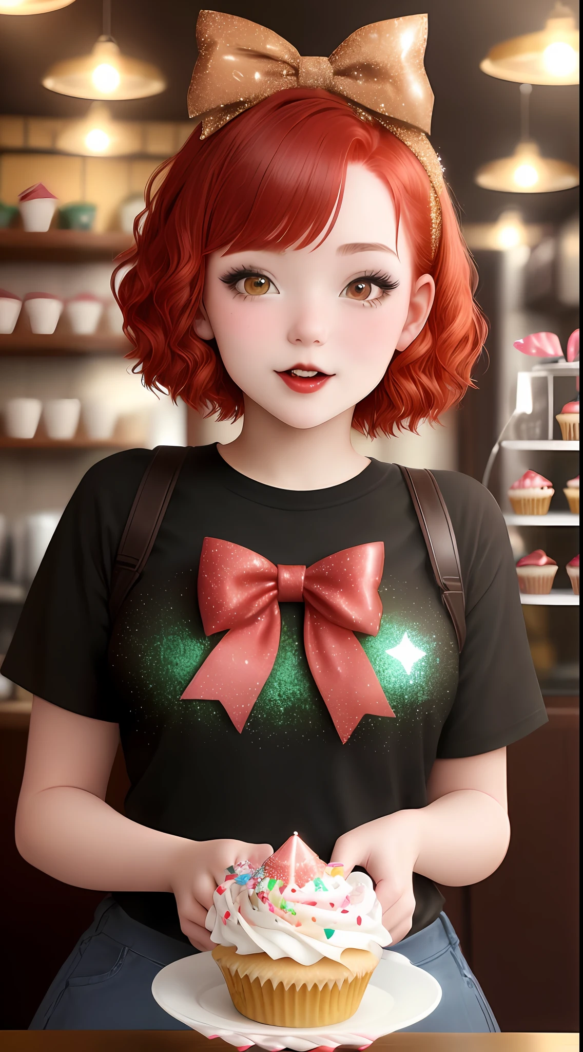 18-year-old girl with short red hair, trapped decorated with colorful bows, glitter makeup, eating a cupcake decorated with confetti in a coffee shop in the city of Tokyo