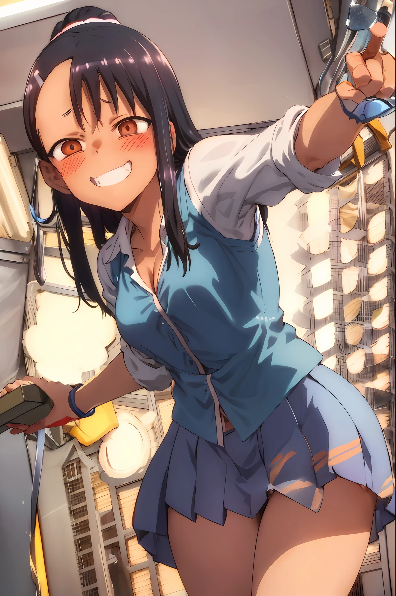 nagatoro hayase, blue skirt, cleavage, small breasts, (from below:1.2), bent over, grin, blush, best quality, masterpiece, perfect lighting, arms behind back, from behind ass mini skirt thick thighs ponytail ponytail ponytail blue eyes